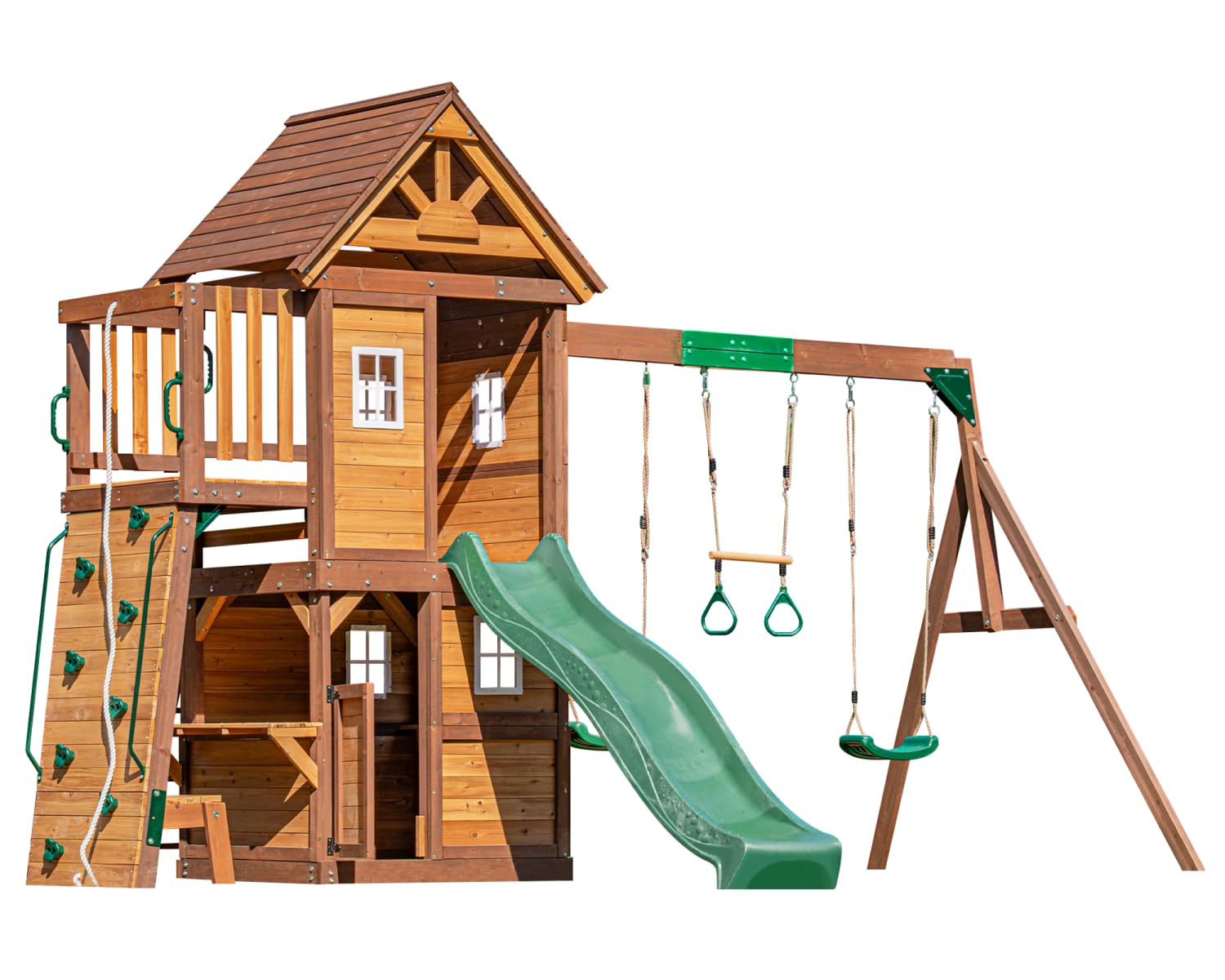DOLPHIN PLAYGROUND T Holz-Spielgerät für Kinder ab 3 Jahren | Mit Rutsche, Trapezstange, Klettergerüst, Spielhaus mit 2 Schaukeln und Spielküche, Aus Zedernholz
