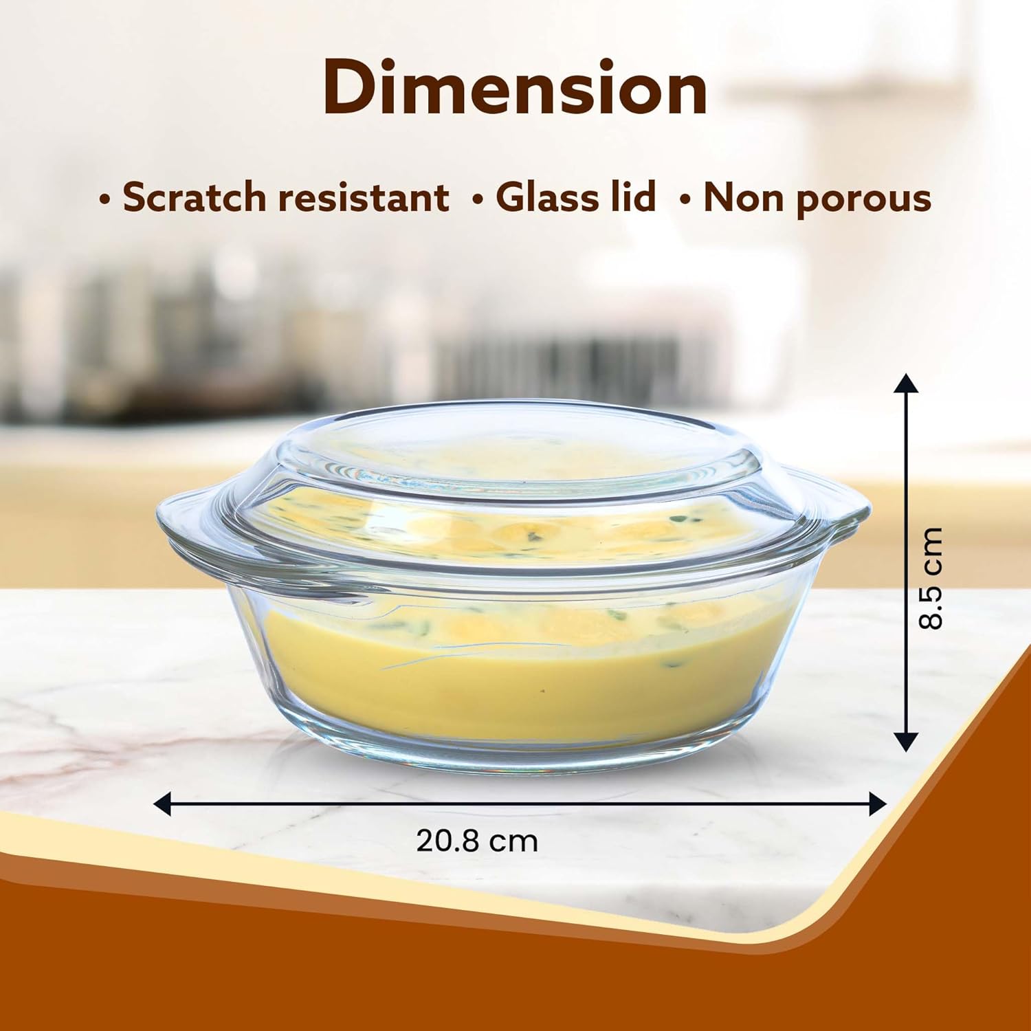 AGARO Elite Glass Casserole with Lid, Borosilicate Glass, Microwave Oven Safe, Round, Transparent, Serving Bowl, 1500ml