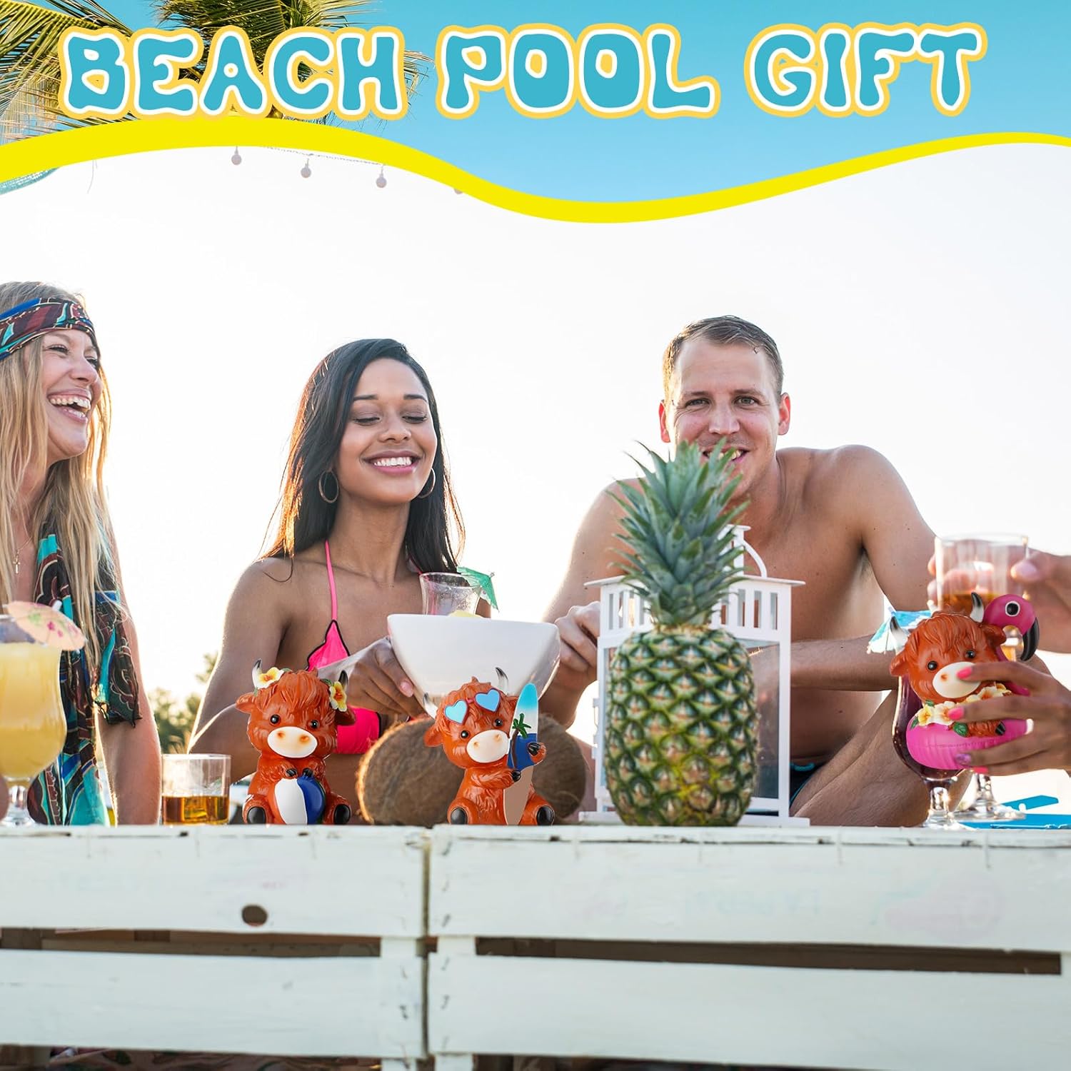 Wesiti 3 Pcs Highland Cow Figurines Summer Beach Seaside Coastal Highland Cow Gnomes Scottish Resin Statue Calf Lovers Gifts for Summer Home Garden Kitchen Office Tiered Tray Table Decor