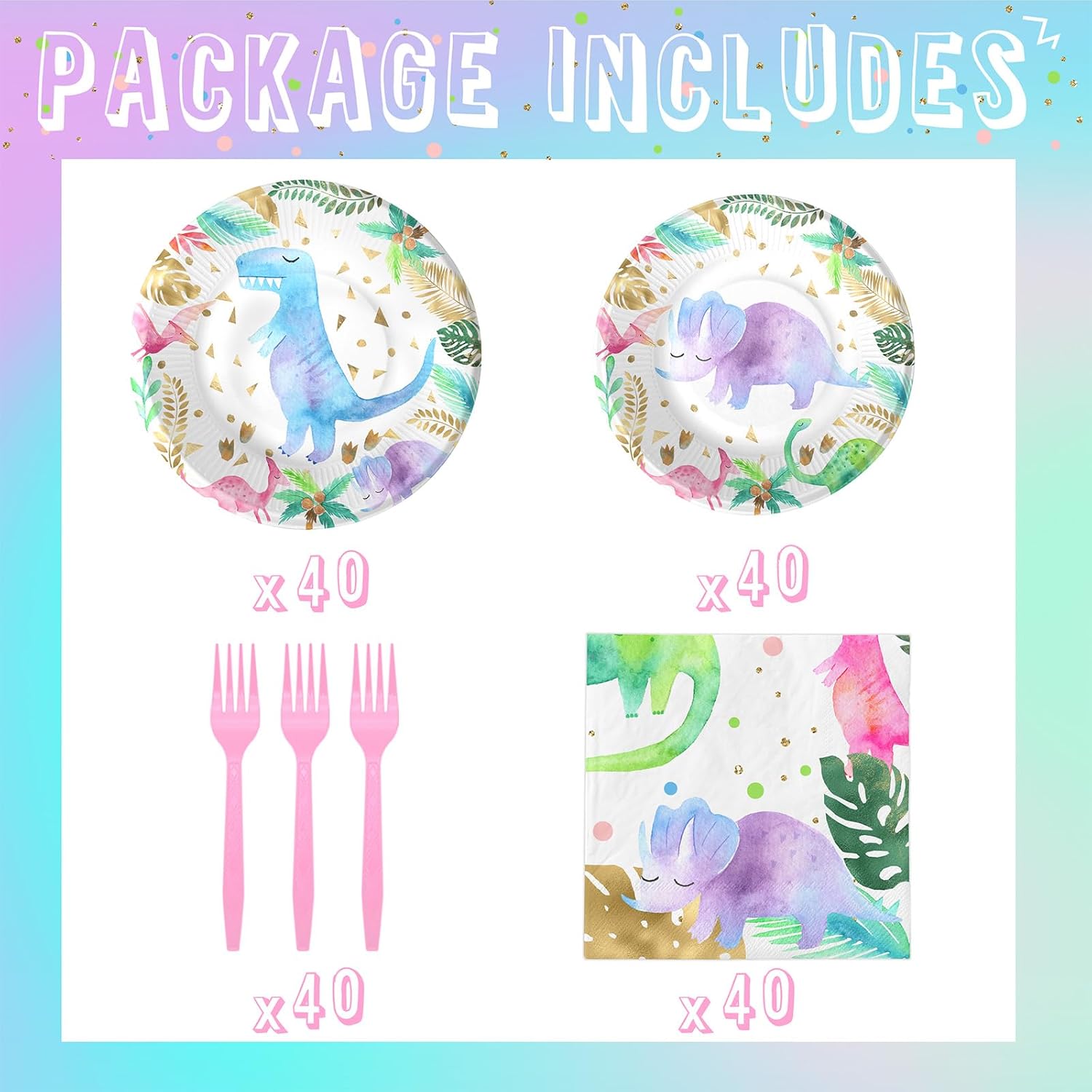 40 Pack Pink Dinosaur Theme Birthday Party Tableware Set with Plates, Napkins, and Forks