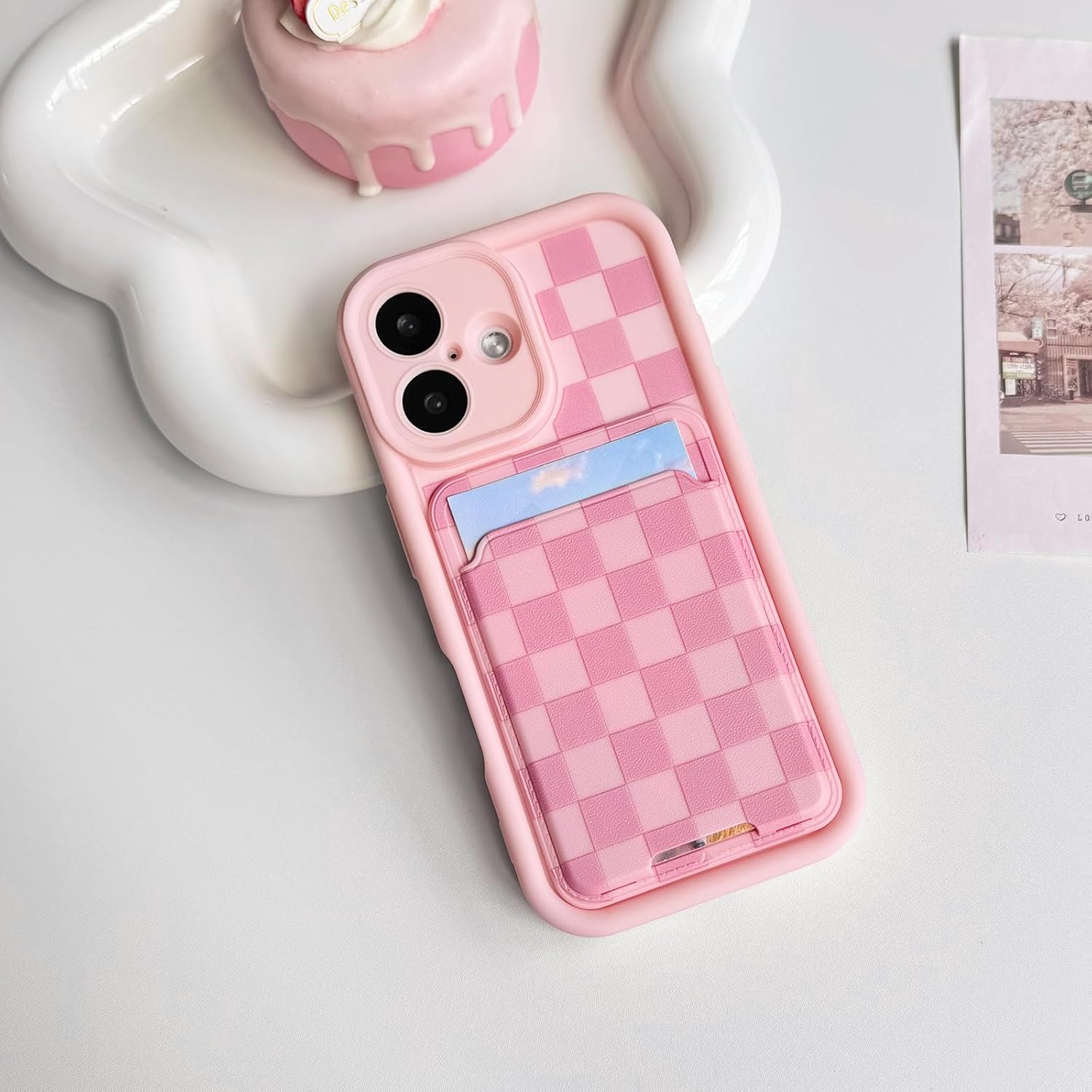 Lovmooful Compatible for iPhone 16 Case Cute Color Checkerboard Lattice Plaid with Card Holder Design for Girls Women Soft TPU More Shockproof Protective Girly for iPhone Case-Pink - Image 2