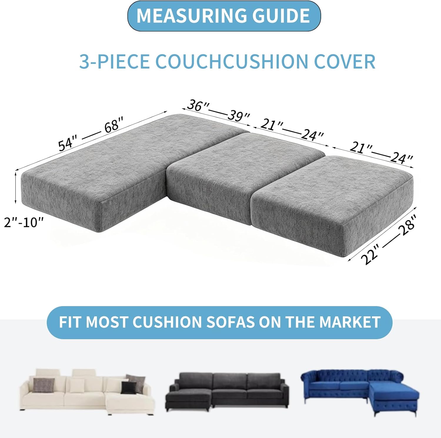 Couch Cover 3-Piece Elastic Couch Cushion Covers Stretch Sectional Couch Seat Protector, Machine Washable 2 seat Chaise Slipcovers for L Shaped Sofas,Soft Cover for Couches (ColorG 2 Seater+1 Chaise)