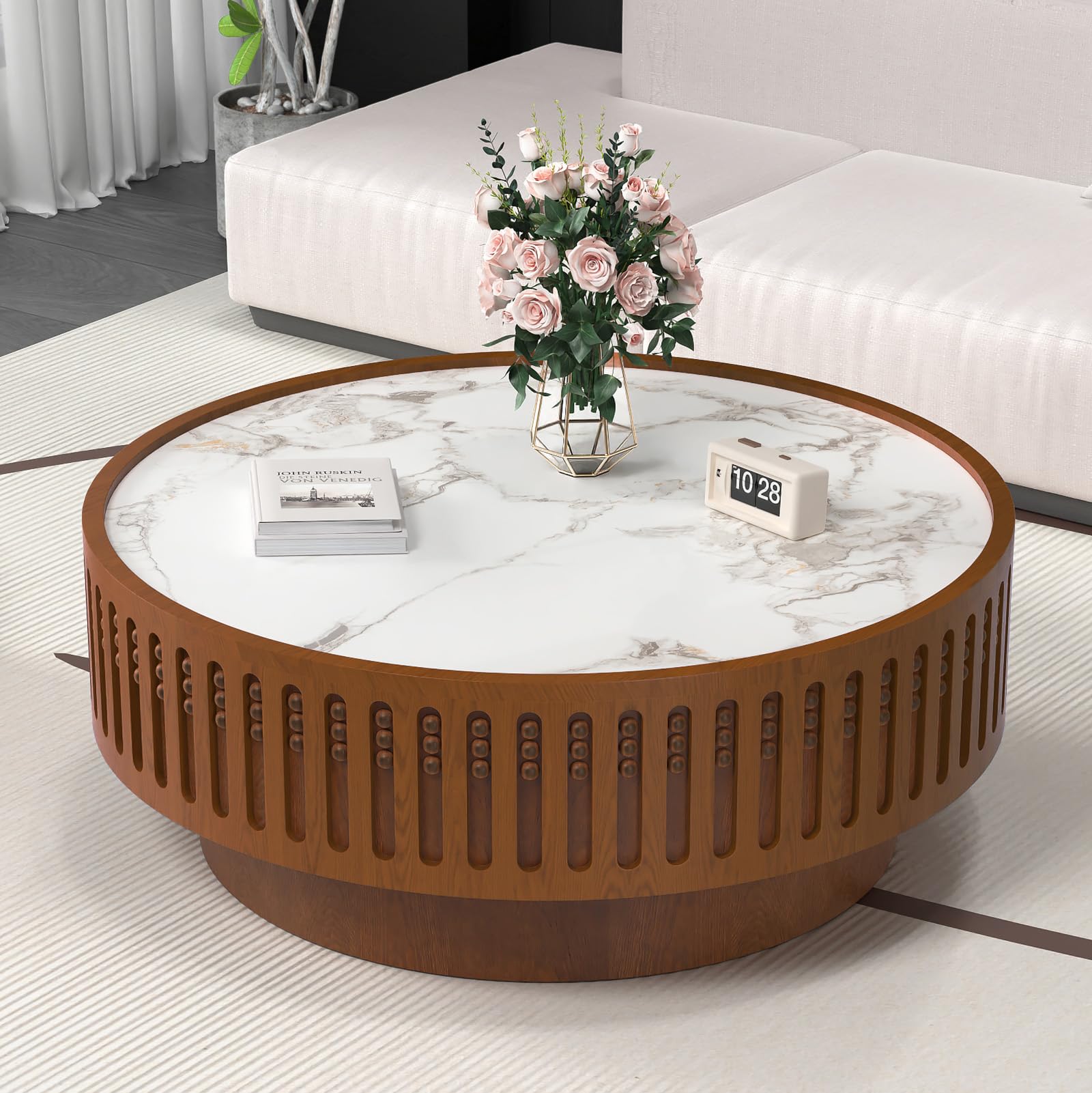 Table centrale tambour grande marron de 90cm avec plateau en pierre frittée pour salon