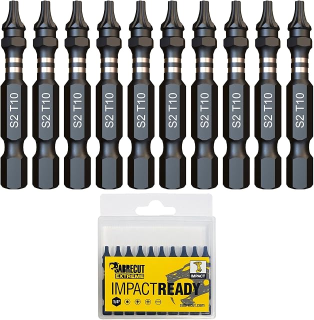 10 x SabreCut SCTX1050_10 50mm TX10 T10 Impact Screwdriver Driver Bits Set Single Ended Torx Heavy Duty Including Storage Box