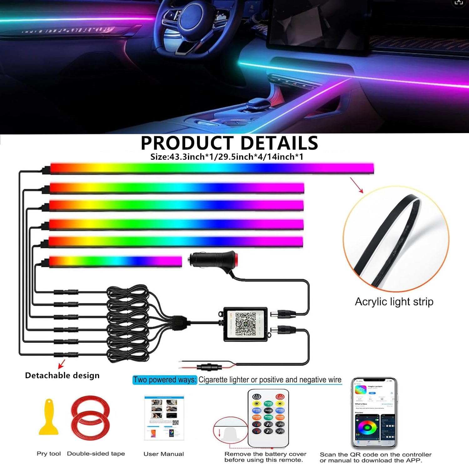 Interior Car LED Strip Lights, Acrylic LED Lights RGB Dreamcolor 6 in 1 with 175 inches 593 LEDs Fiber Optic Ambient Lighting Kits,APP and Remote Control 16 Million Colors Car Neon Lights