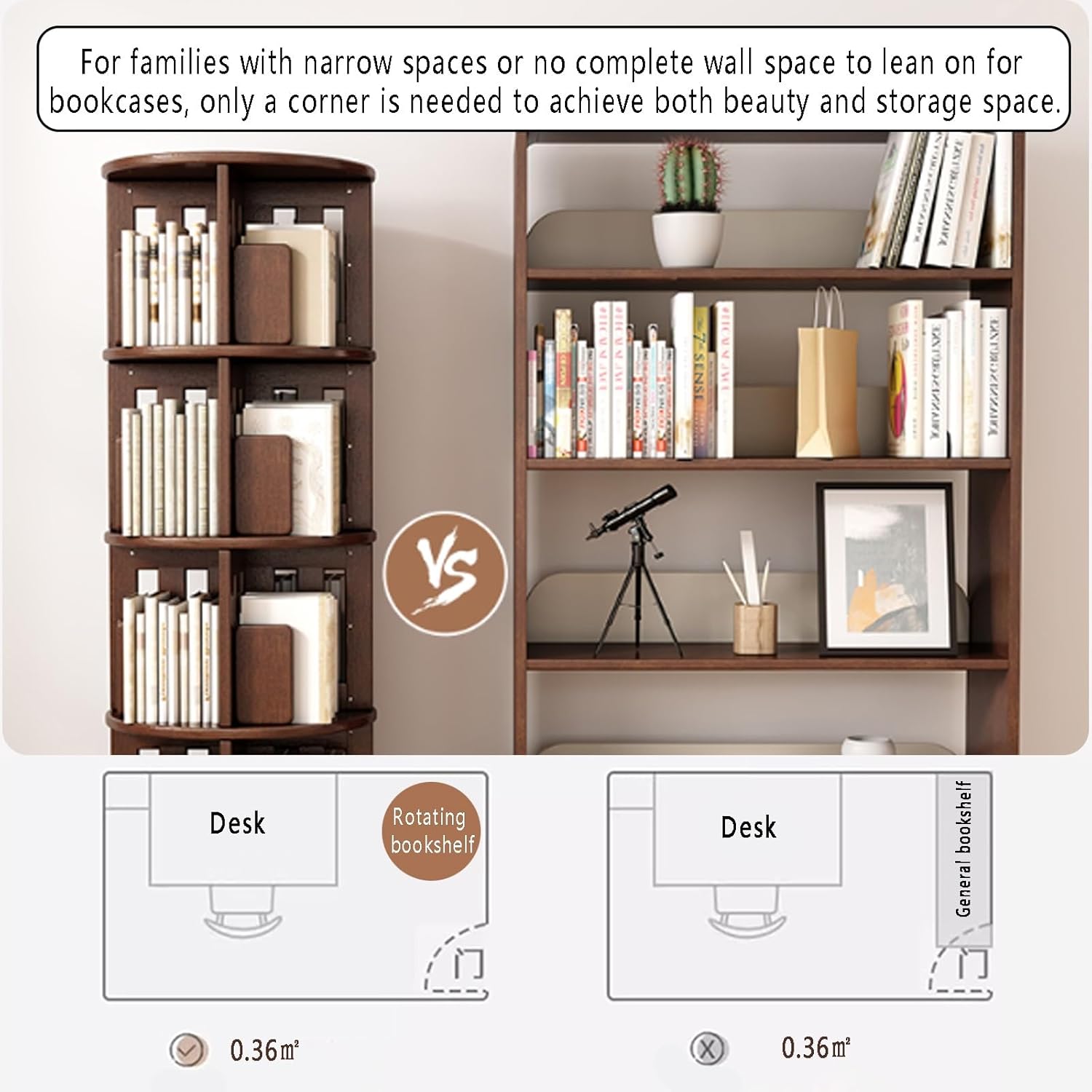 4/5 Tier 360° Rotating Bookshelf Tower Freestanding Spinning Bookshelf with Wheels Solid Wood Storage Display Rack Open Narrow Bookcase for Living Room Study Room(Cherry,48*48*122cm/18.9*18.9*48in)