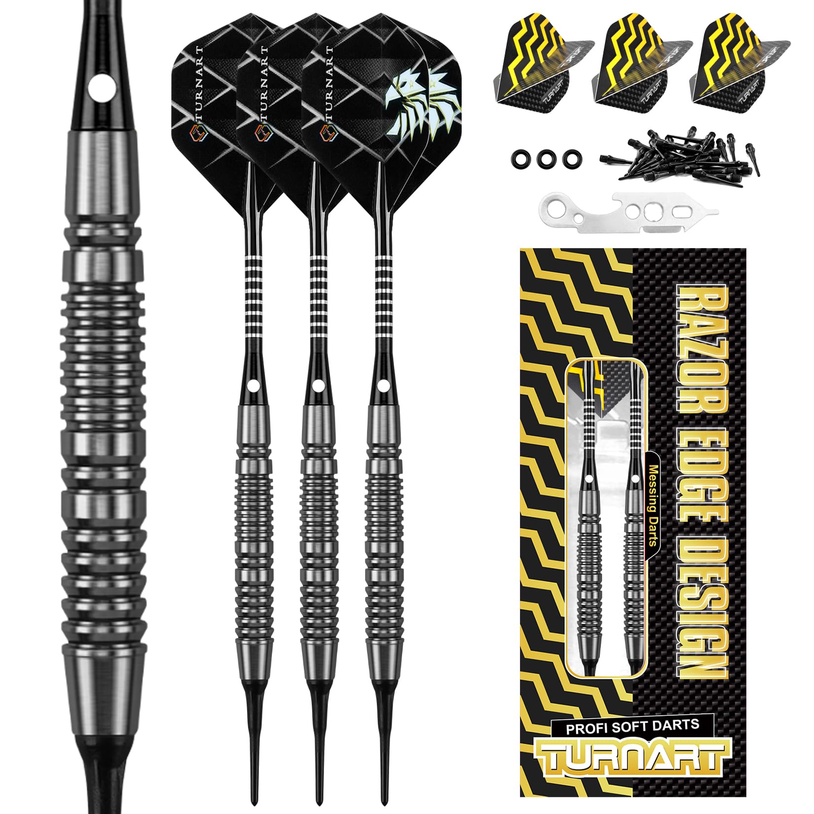 Turnart Dartpfeile mit Kunststoffspitze,18g Brass Softdarts,dartpfeile Profi für Elektronische Dartscheibe,Dart Set mit 30pcs Dartpfeil Spitzen 6 Flights 6 Flügen 1 Werkzeug und 3 O-Ringe