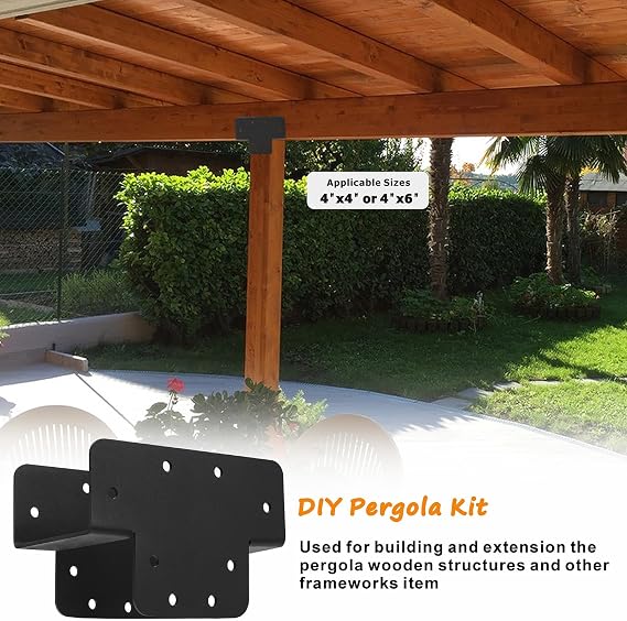 Ertuohg 2 Pcs Pergola Kit T Shaped 4x4 (Actual Size 3.57x3.57), Heavy Duty Woodwork DIY Pergola Brackets Kit, 4x4 3 Way T Bracket for Pergolas and Gardens, Matte Black