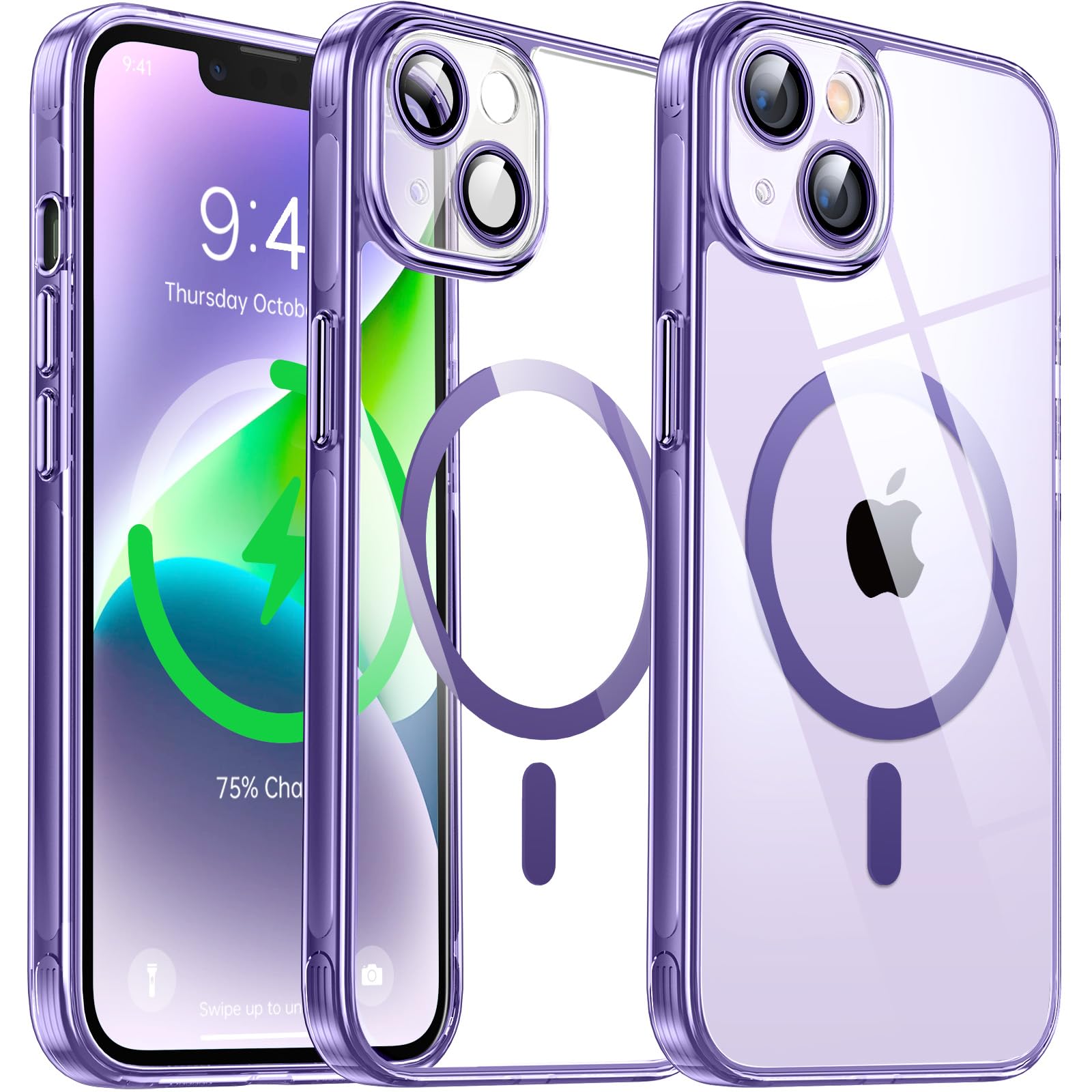 Flyzoo 磁気透明ケース用のiPhone 14 [MagSafe対応] ワイヤレス充電対応 黄ばみ防止 米軍MIL規格 耐衝撃 傷つけ防止 クリア クリスタルな ハード 背面 マグネット搭載 パネル ソフトシリコンエッジ スマホ保護カバー 6.1インチ (パープル)