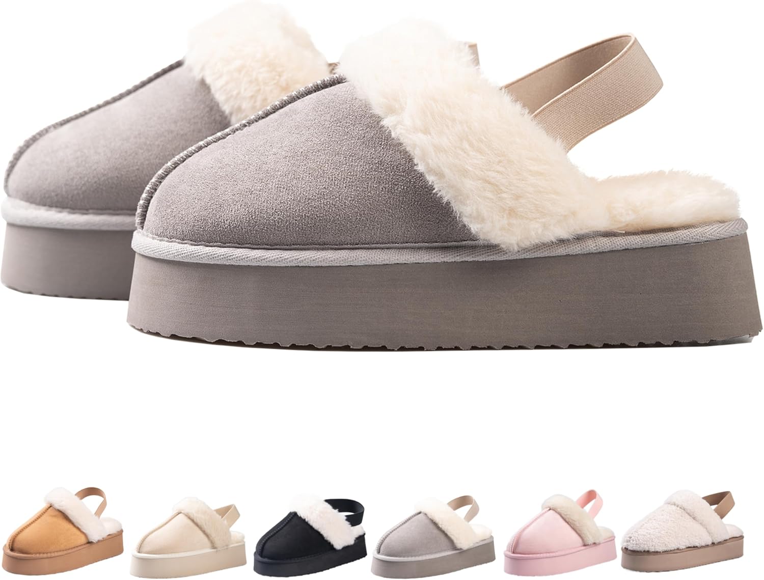 Women's Platform Slippers, Suede Fuzzy Slippers with Strap