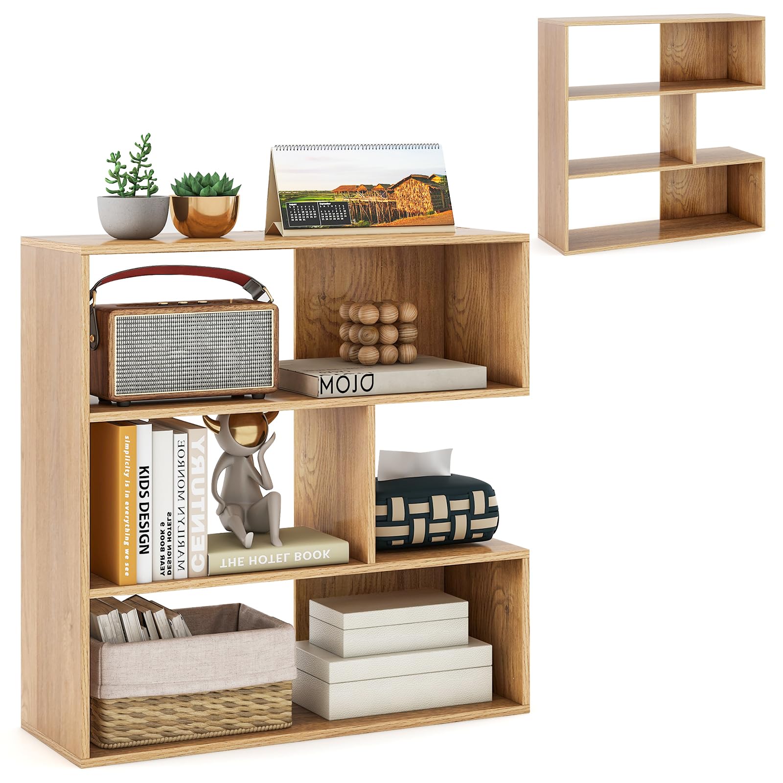 HOMASIS Libreria Scaffale Unica, Scaffale a 3 Scomparti in Legno, Liberamente Combinabili, Libreria Salvaspazio per Salotto, Ufficio, Cucina (Naturale, Modello 1, Nuovo)