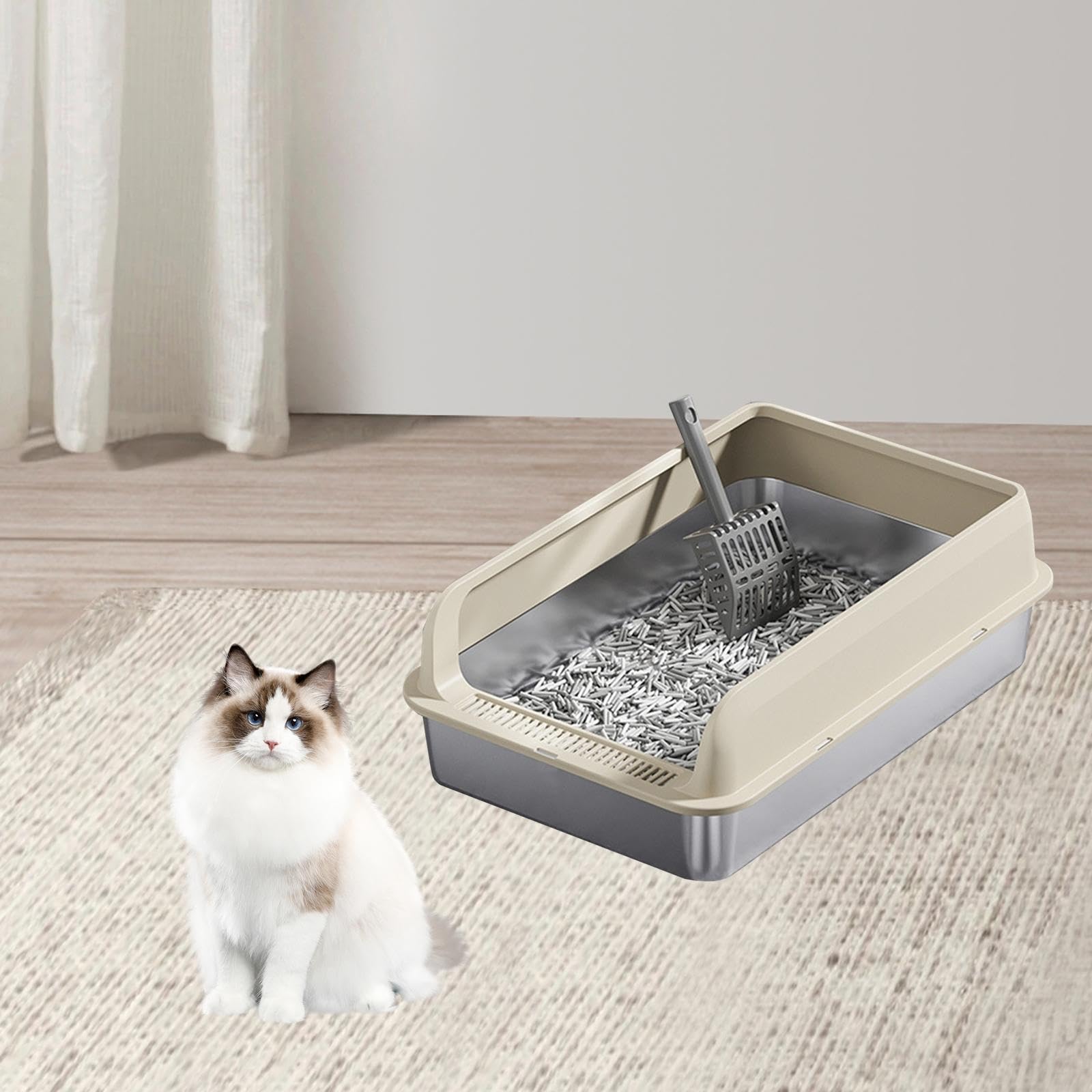 Katzentoilette Edelstahl Katzenklo mit Schutzrand Metall Katzenstreu Pfanne Sandkasten Schale mit Griff für Kätzchen Erwachsene Katzen für Innenräume, Khaki und M