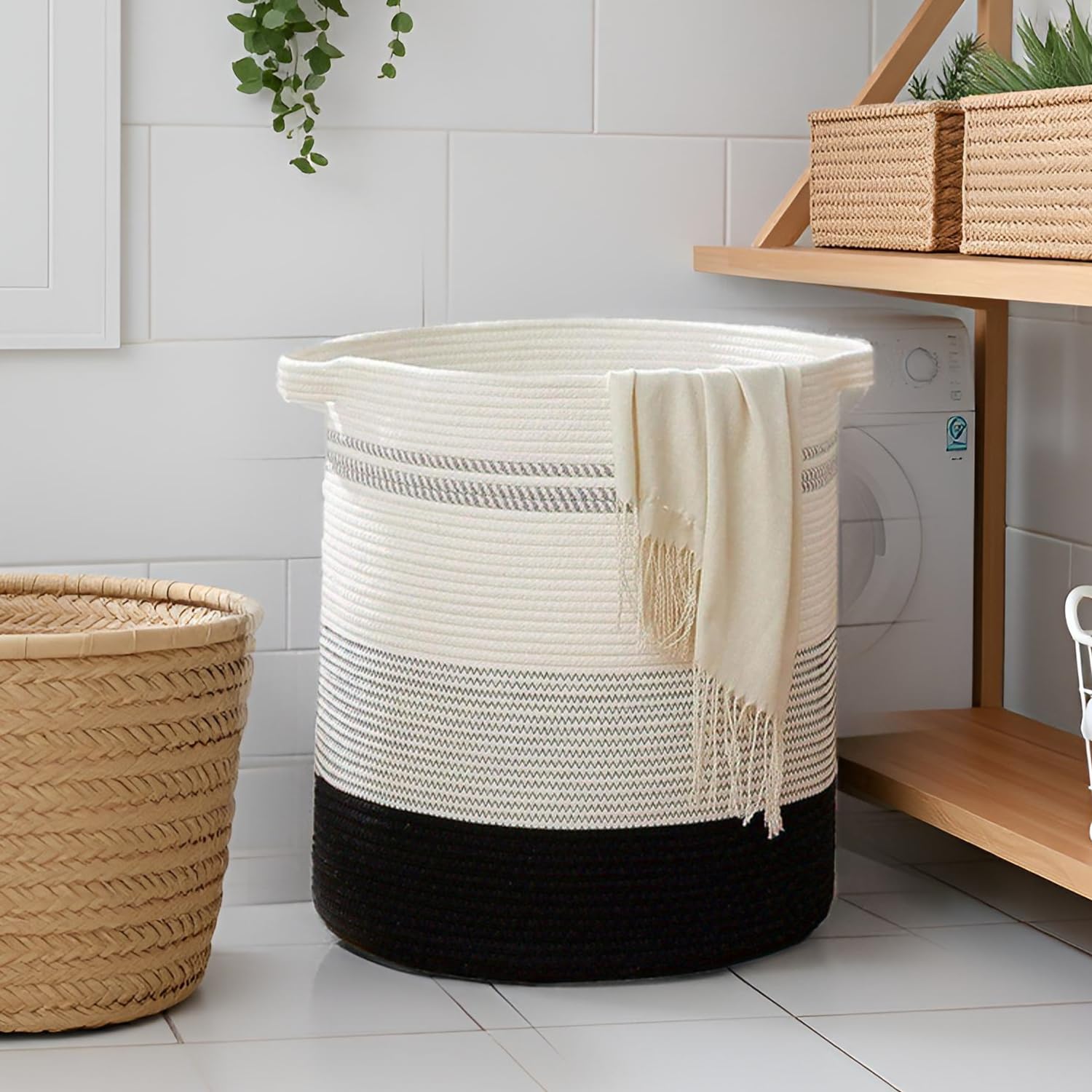 laundry hamper 18x18x20,80L – large basket for blankets,toy basket, Cotton Rope Blanket Basket Living Room, Baby Laundry hamper for Blanket, Nursery, –stuffed animal storage( Triple Black)