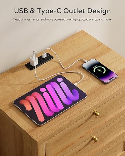 Miniatura 4 de Mesita de noche de granja con 3 cajones, mesita de noche más grande con estación de carga, mesa auxiliar de cama alta, mesitas de noche anchas para