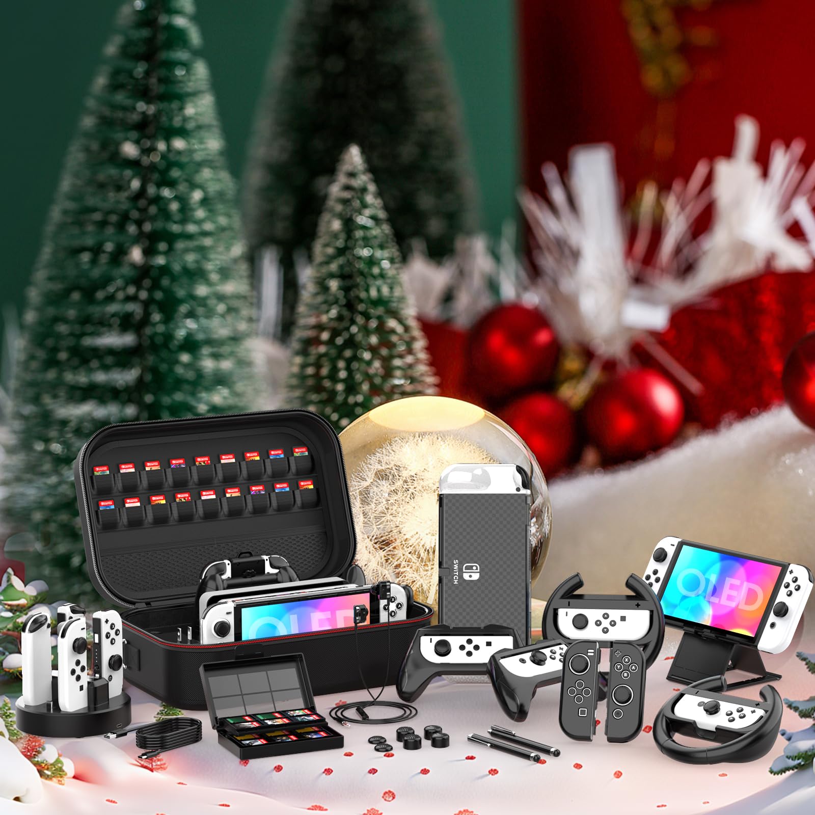 Switch OLED Zubehör 28 in 1 Kompatibel mit Nintendo Switch OLED Konsole, Switch OLED Zubehör Geschenk Bundle mit Großem Switch OLED Tasche,Switch OLED Schutzhülle,Griff,Spiele Aufbewahrung