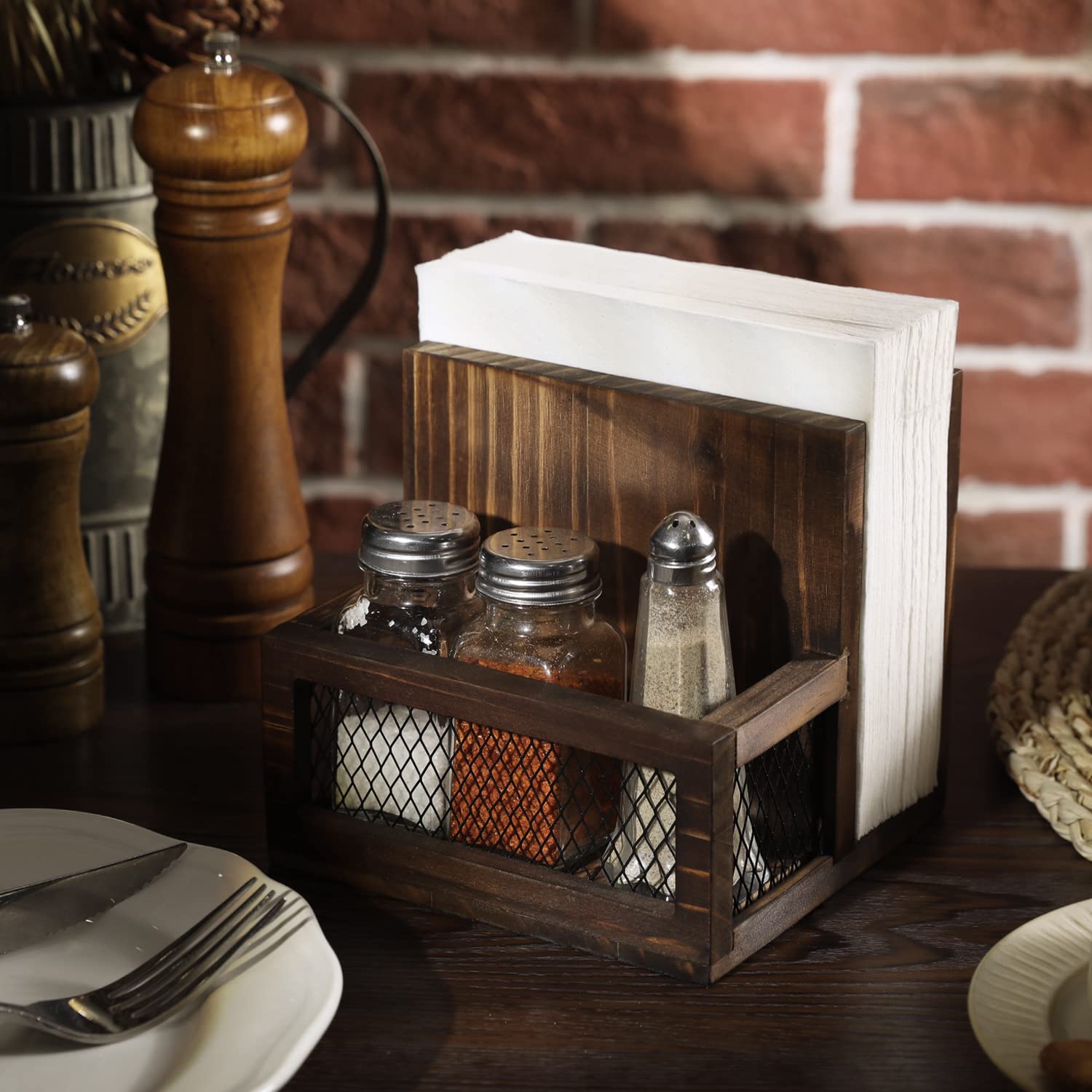 Farmhouse Wooden Napkin Holder With Weighted Arm - Rustic Paper Napkin Dispenser & Condiment Organizer For Kitchen Table - View #4