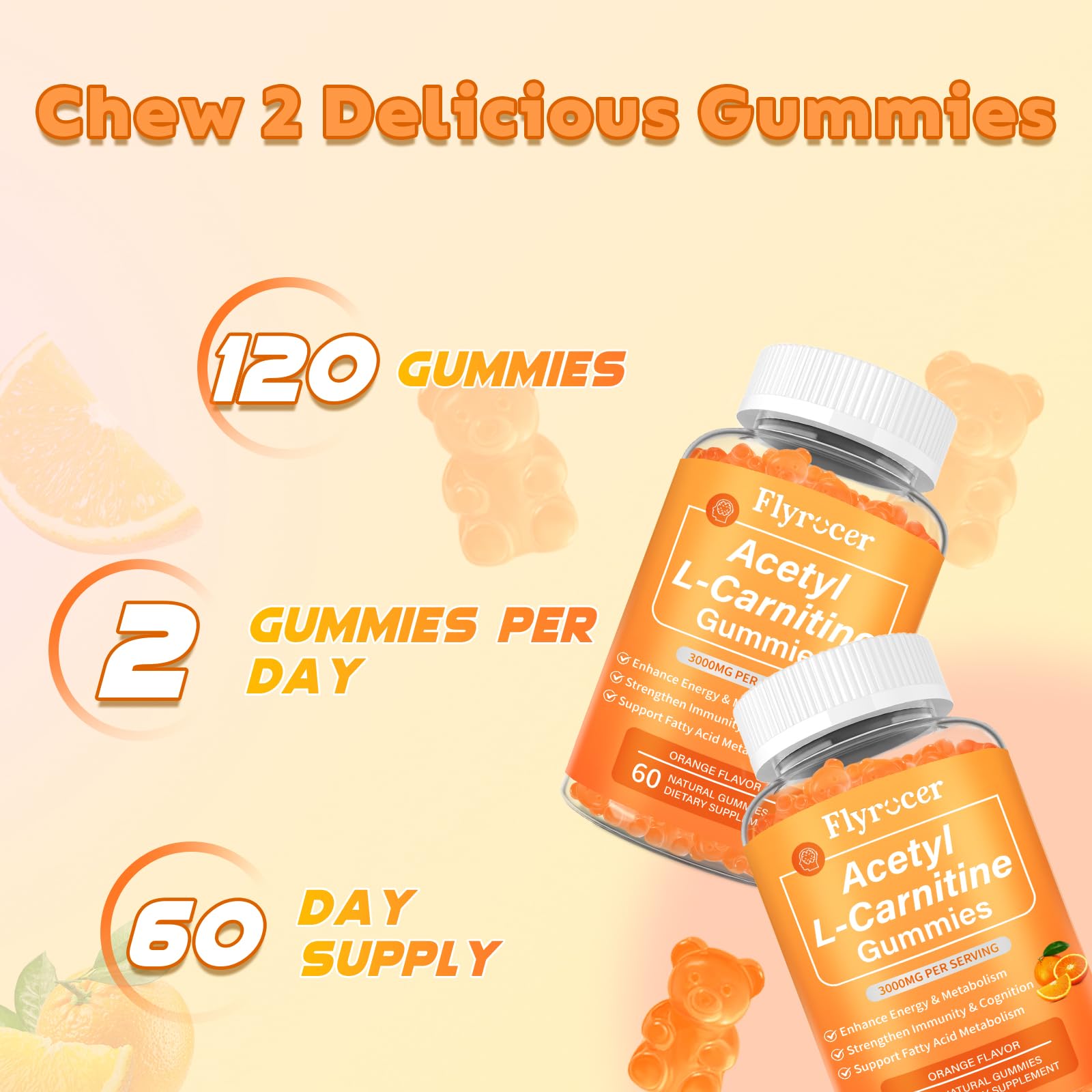 2 Pack Acetyl L-Carnitine Gummies for Energy & Brain Function Support – Vegan, Non-GMO, Orange Flavor, 120 Count (60-Day Supply) — Amazon image 5