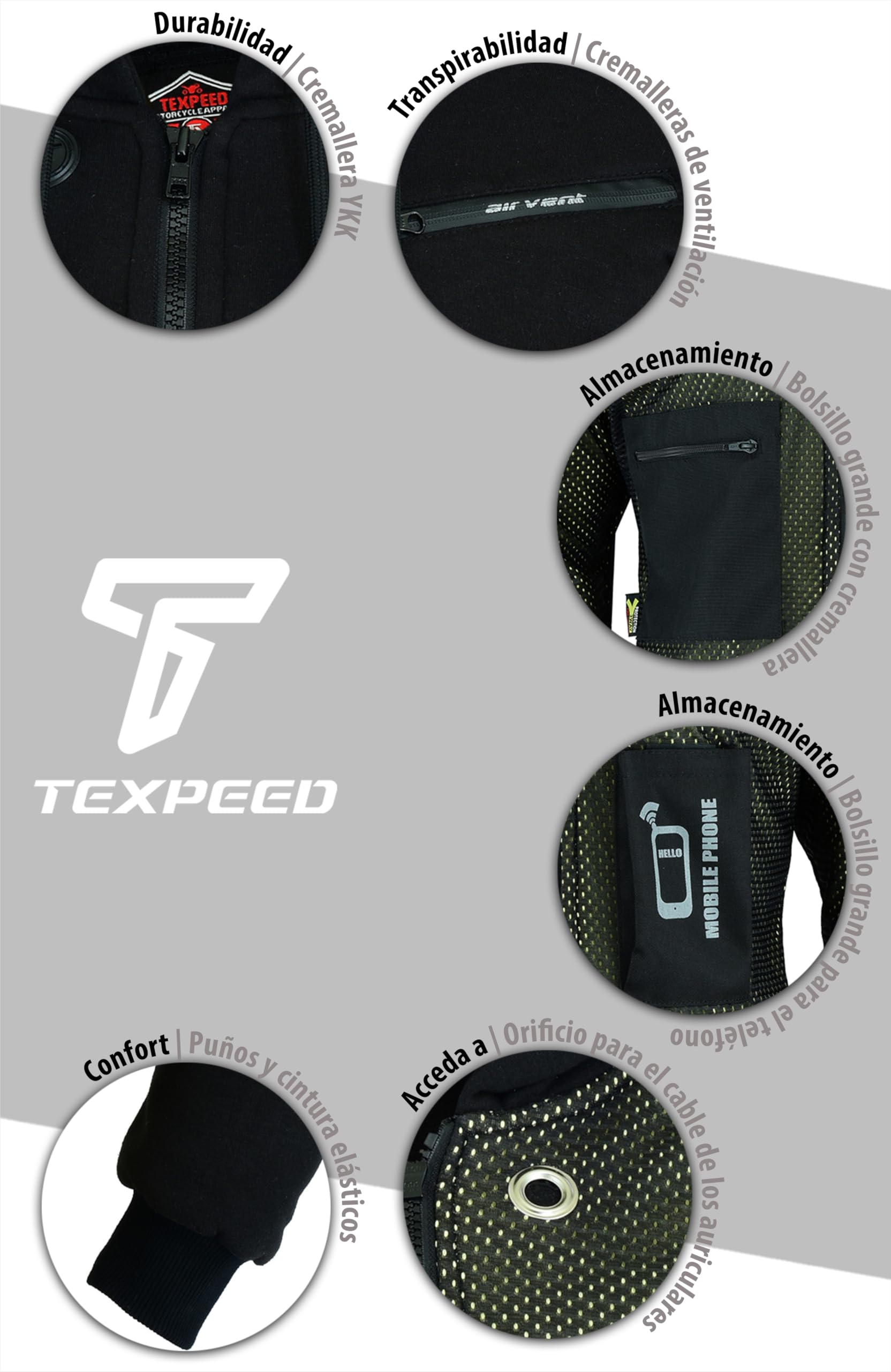 Texpeed Chaqueta de moto con capucha para hombre - Forro polar protector de Aramid con protección (EN 1621-1) - Gris Negro L