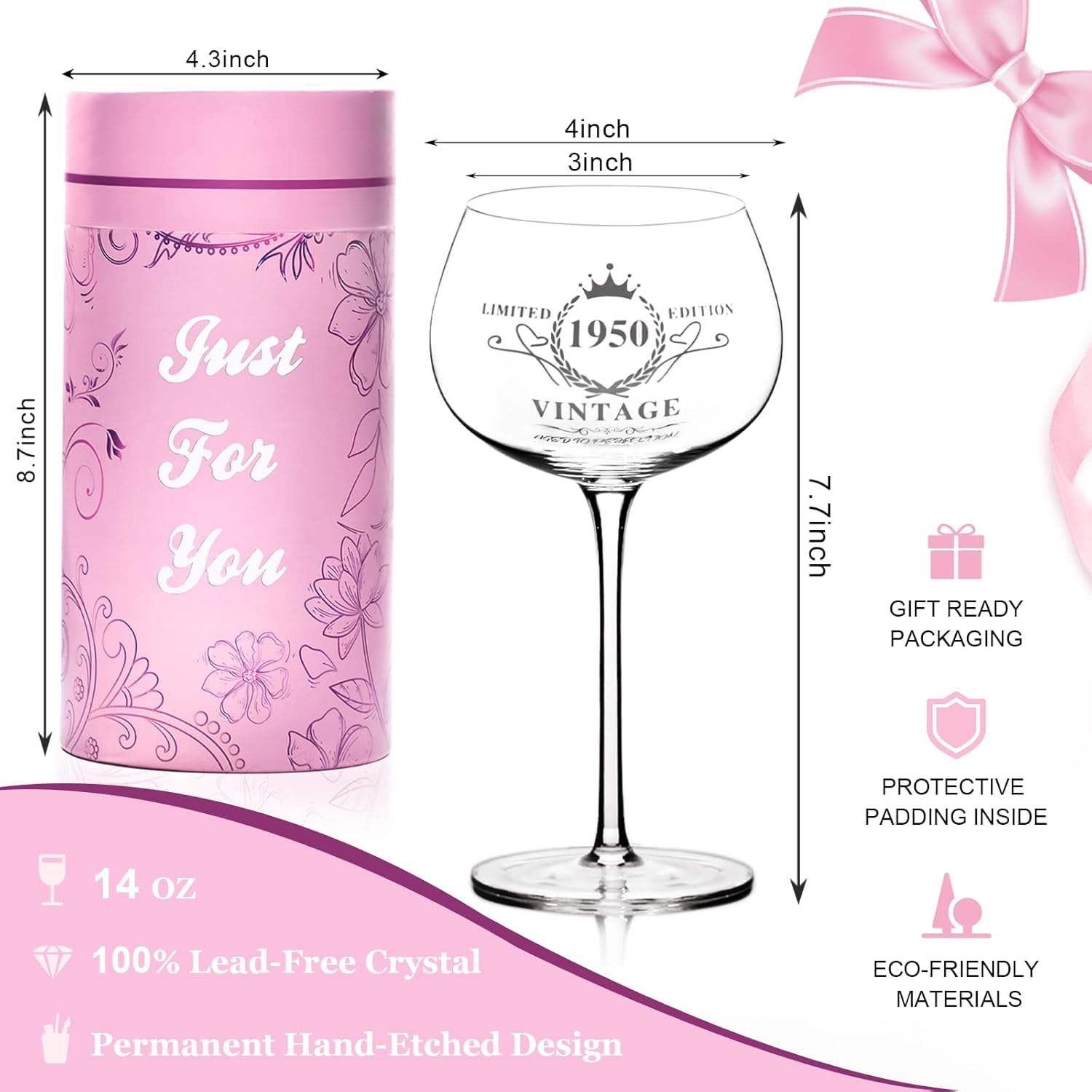 76TH Birthday Gifts for Women, Vintage 1950 Engraved Wine Glasses, Funny 76th Birthday Decorations for Her, Unique 76 Year Old Birthday Gift Ideas for Women, Sister, Friends, Grandma, Daughter,Mom - Image 4