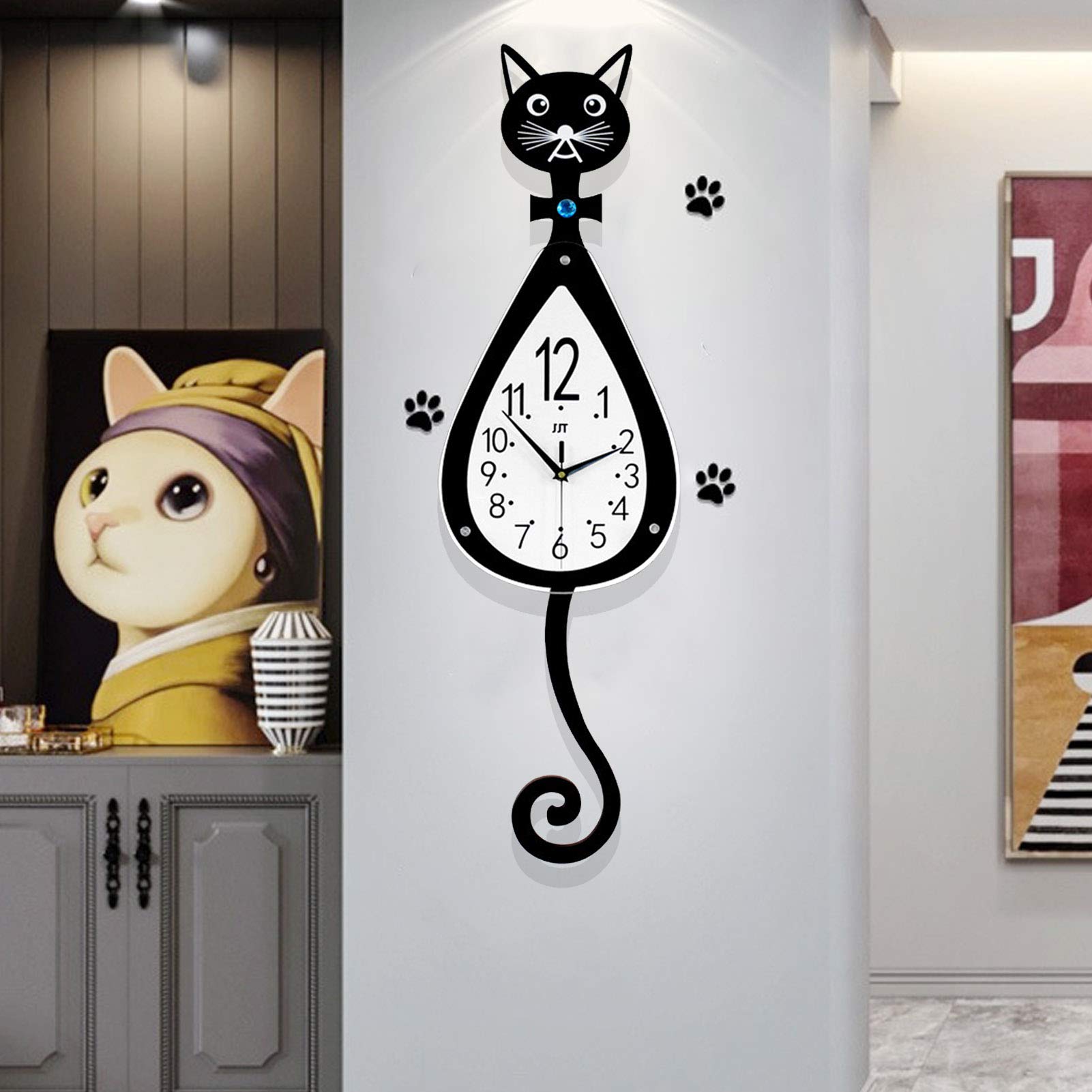 Cat Wall Clock With Swinging Tail - Battery Operated Silent Pendulum Clock, Large Wooden Decor For Living Room, Bedroom