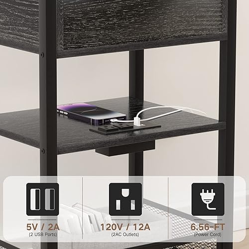 Miniatura 4 de YAKANJ Moderna mesita de noche con estación de carga y cajón, mesa auxiliar de 3 niveles para sala de estar, dormitorio, mesa de sofá estrecha con