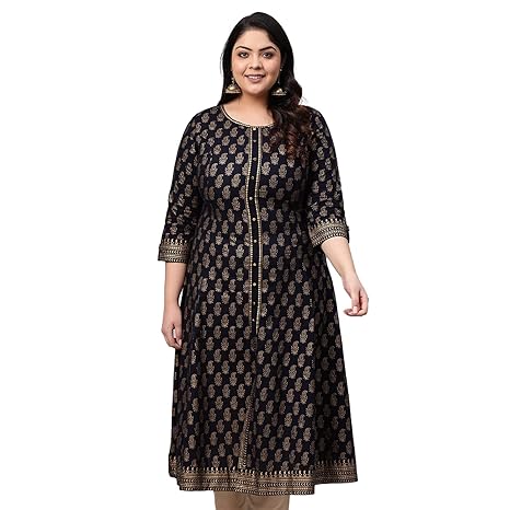 Yash Gallery Women's Cotton Relaxed Fit Anarkali Plus Size Gold Printed Kurta