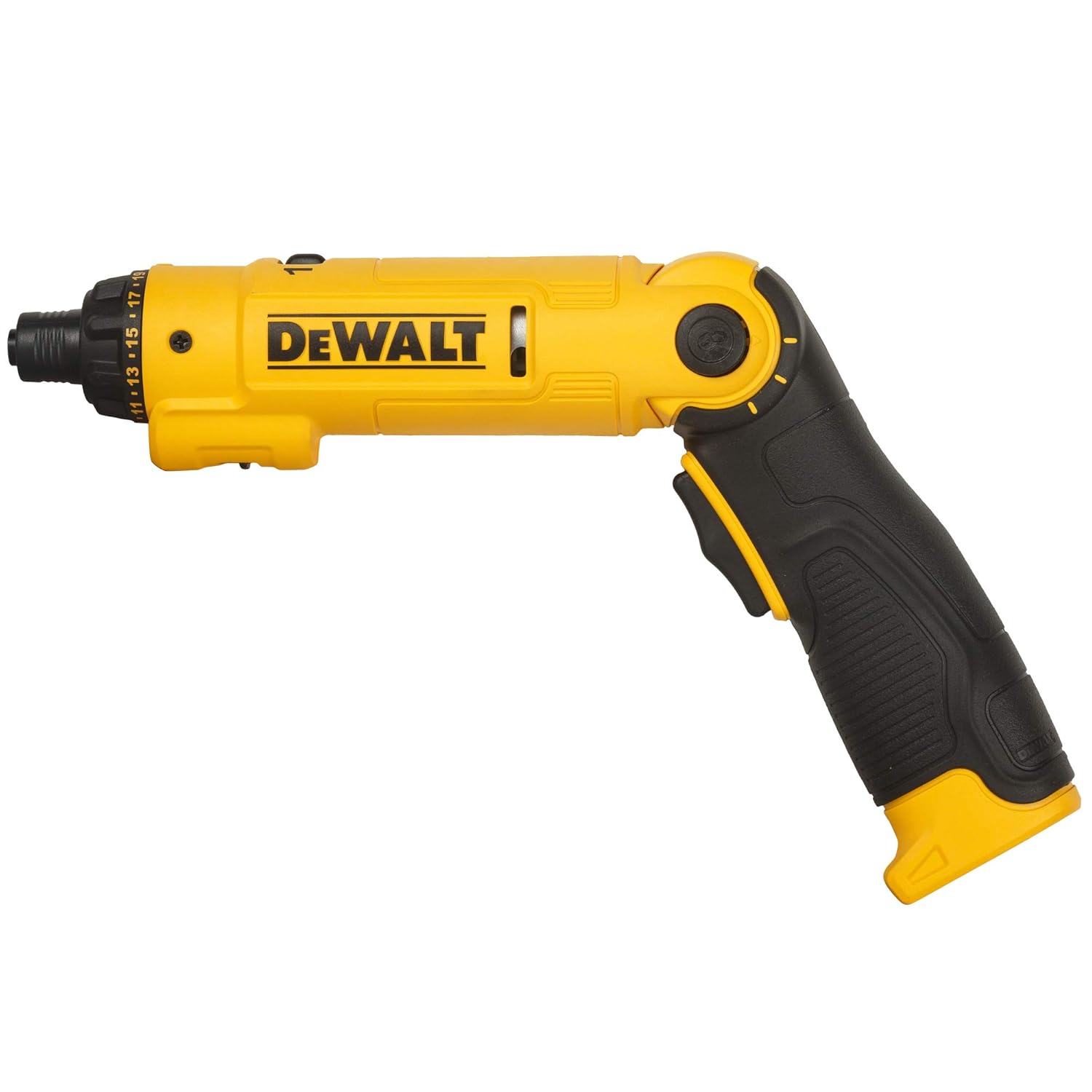 DEWALT DCF008 cordless screwdriver with its handle angled for ergonomic use.