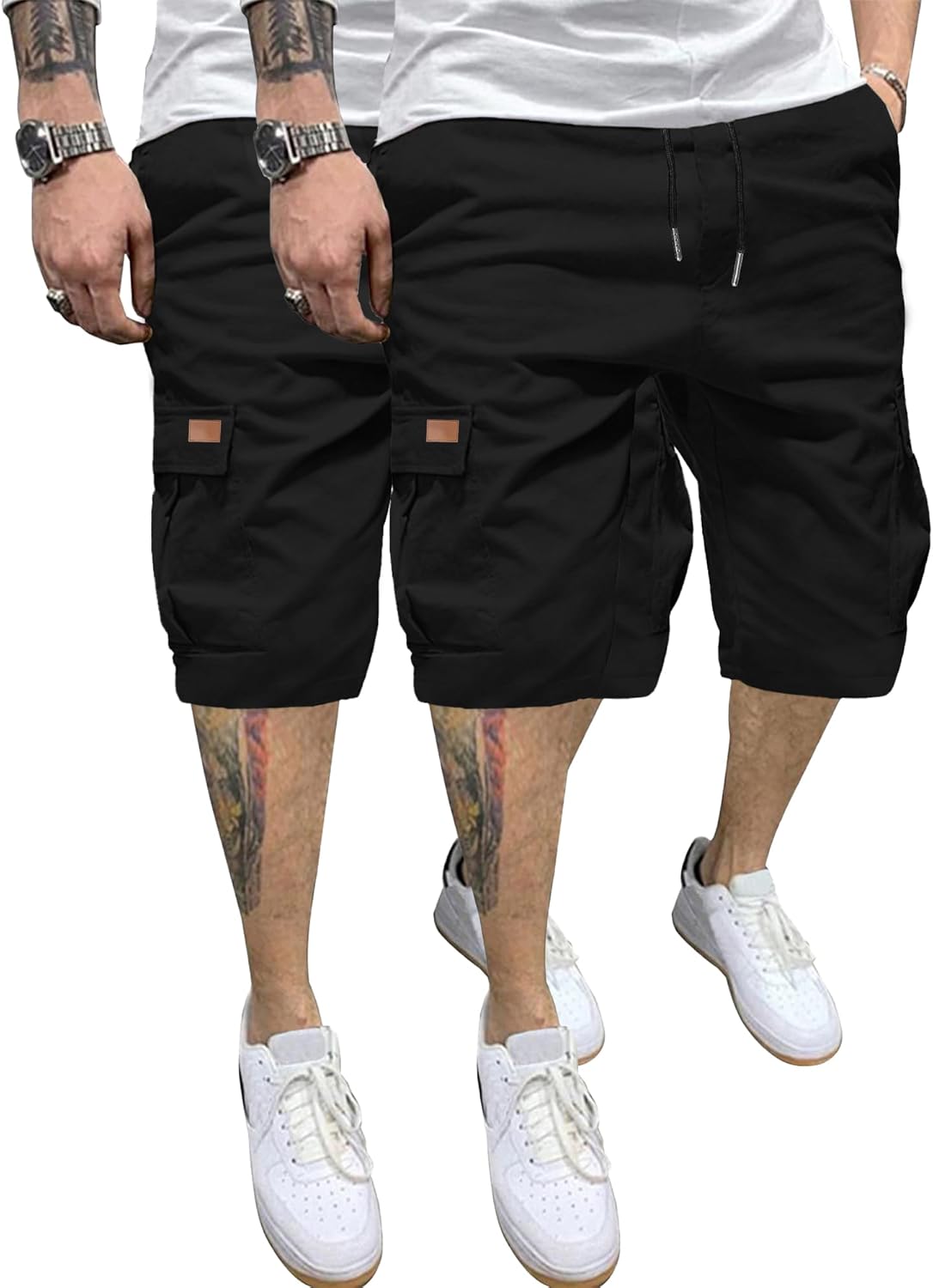 PLEPAN Men's Casual Cargo Shorts Classic Stretch Waist Drawstring Outdoor Work Shorts with 6 Pockets