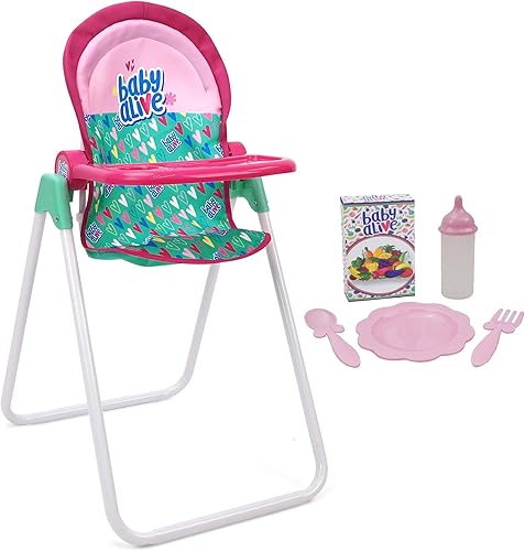 Baby Alive: Juego de Silla Alta para Muñecas - Verde, Rosa, Corazones - para Muñecas de hasta 24", 5 Accesorios de Alimentación a Juego, Asiento