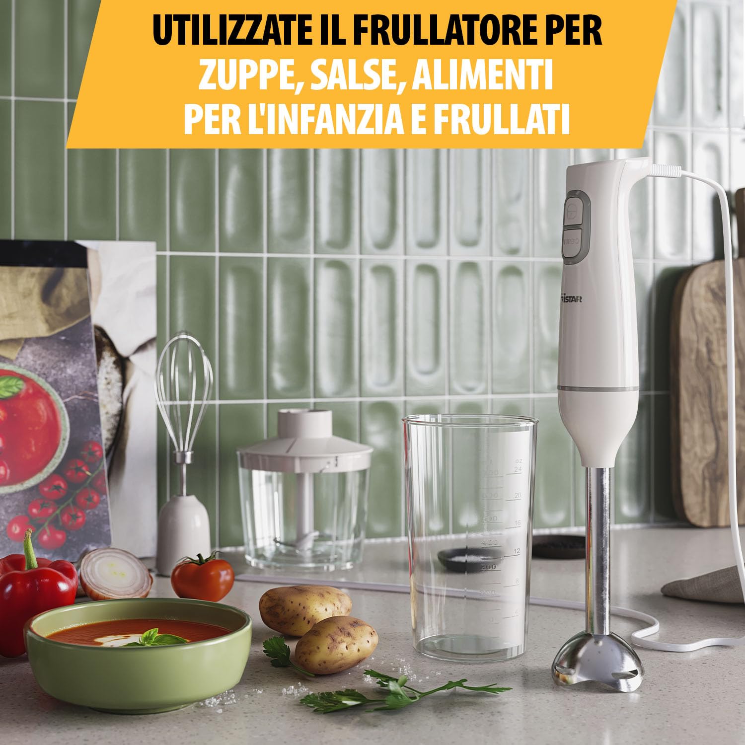 Tristar Set Frullatore a Immersione, parti lavabili in lavastoviglie, inclusi Frullatore manuale in acciaio inox rimovibile, frusta, tritatutto, bicchiere graduato, 350 W, MX-4881