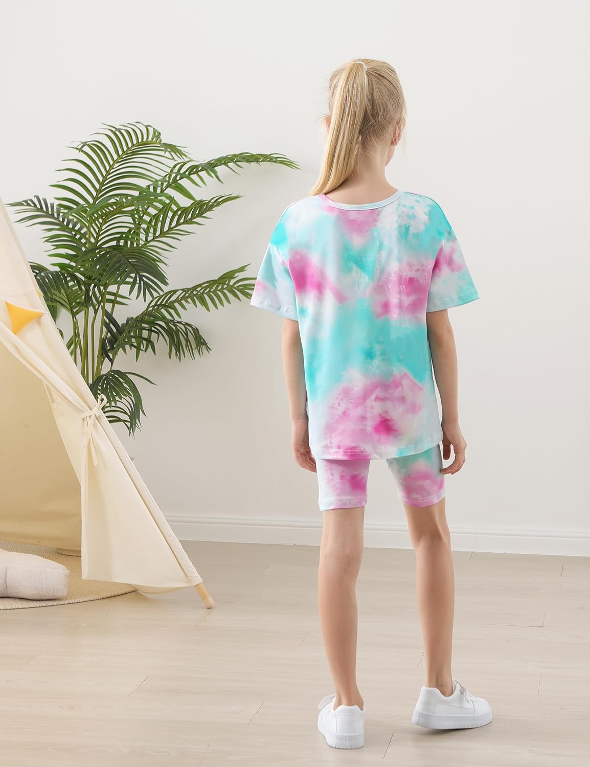Girl 2 Piece Outfits Toddler Girl Clothes Oversized Short Sleeve T Shirt Active Running Bike Short Sets 5-12Y Tie-dye Green 5-6 Years image 2 of 5 B0DS5T1GJJ