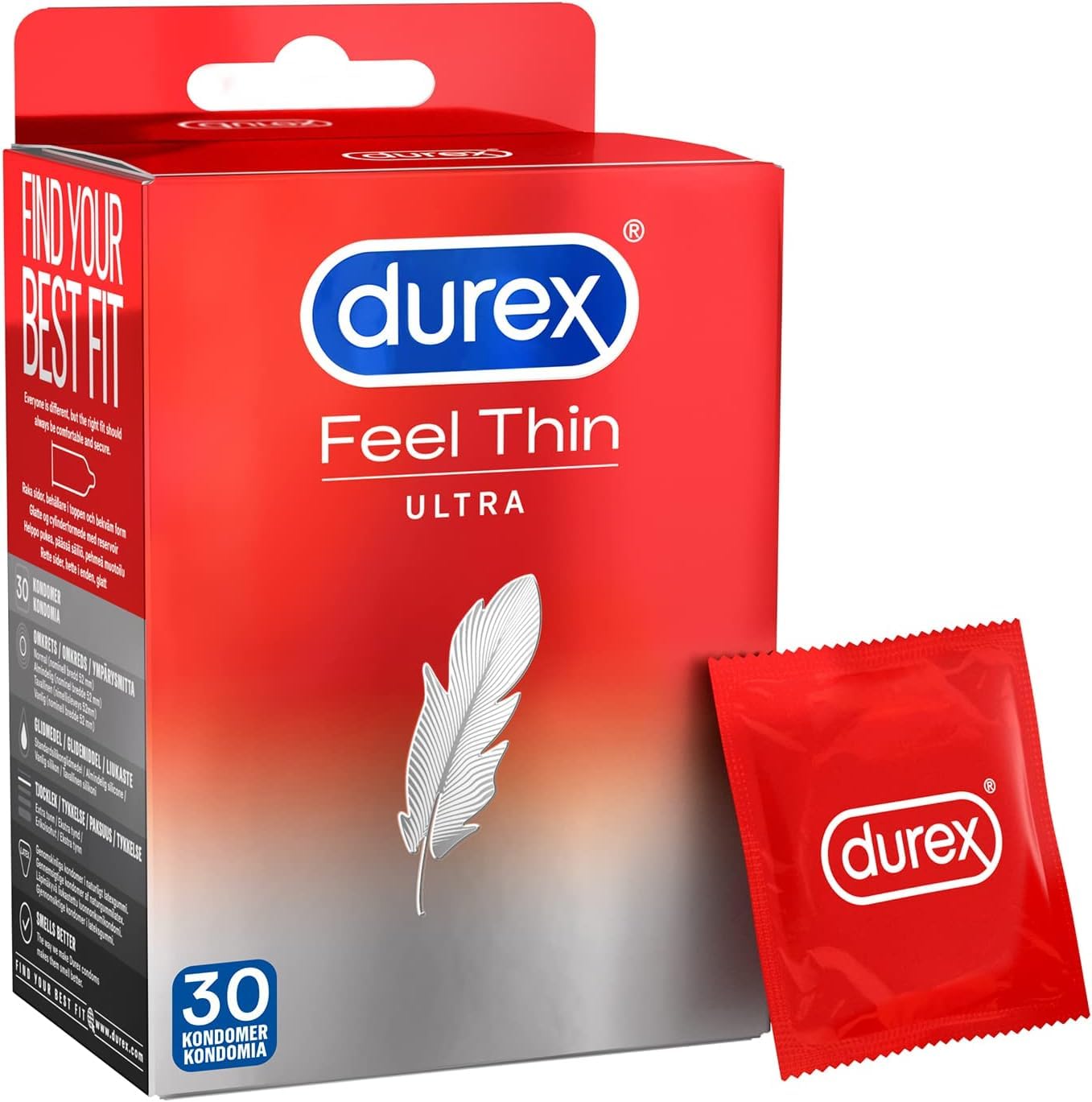 Durex Gefühlsecht Ultra Kondome – Extra dünne Spitze & mit Silikongleitgel befeuchtet – 30er Pack (1 x 30 Stück)