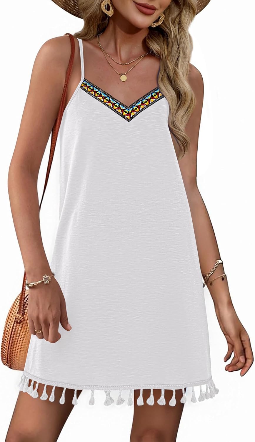 AI'MAGE Swimsuit Coverup for Women Sleeveless Tassels Bathing Suit Cover Ups Spaghetti Straps V Neck Swim Beach Dresses S-3XL