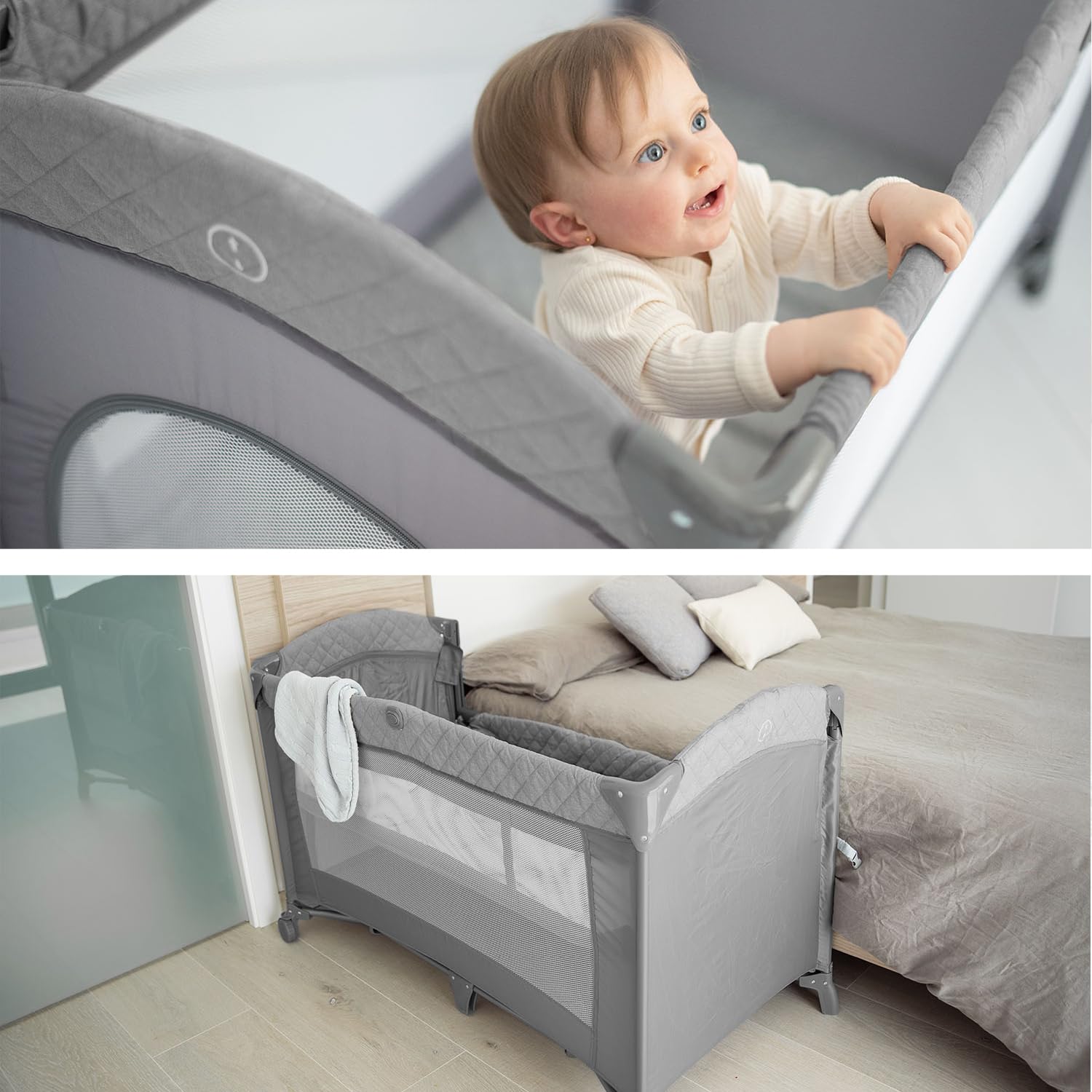 Olmitos - Cuna colecho de Viaje, Parque Infantil y Cuna clásica 3 en 1 - Plegable 2 Alturas con Buena circulación de Aire – Entrada Lateral y Ruedas con Freno - Incluye Bolsa Viaje (Gris)