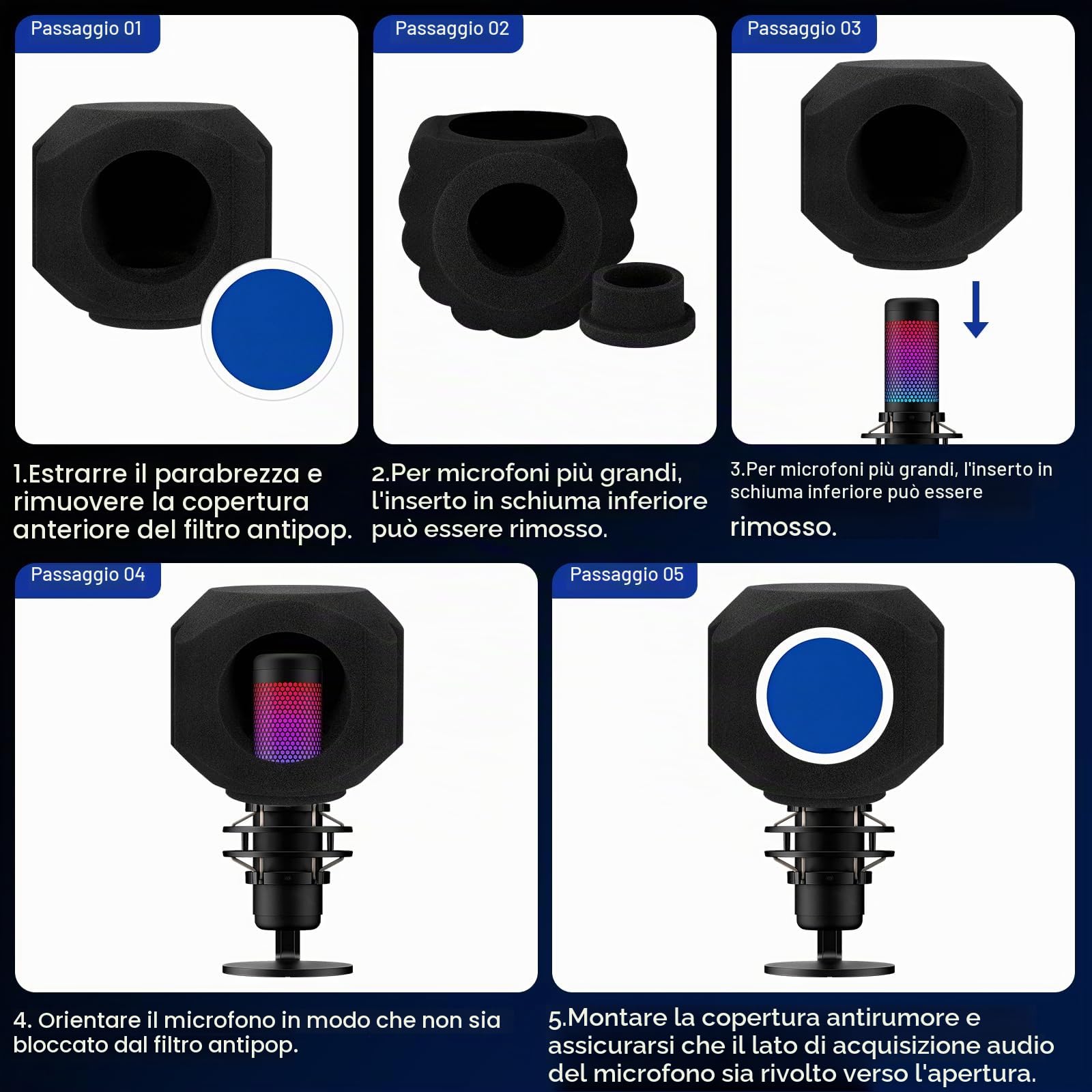 GDPONRM - Filtro anti-pop per microfono con schermo anti-vento, isolamento acustico per microfoni da studio, schiuma fonoassorbente con design a sigillo a cinque lati per ridurre efficacemente rumore