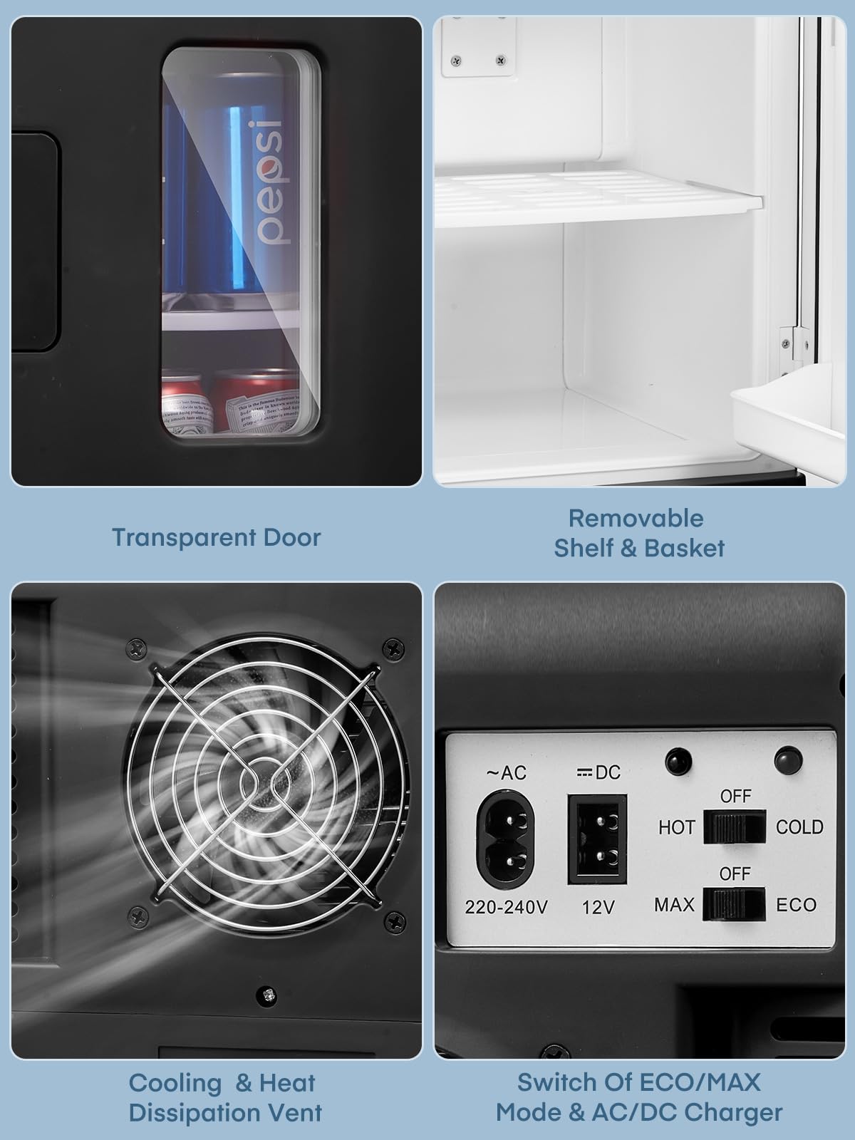 FOHERE 2 in 1 Mini Kühlschrank 15L Kühl- und Heizfunktion DC/AC für Auto Büro Wohnheim ECO Low Noise Schwarz