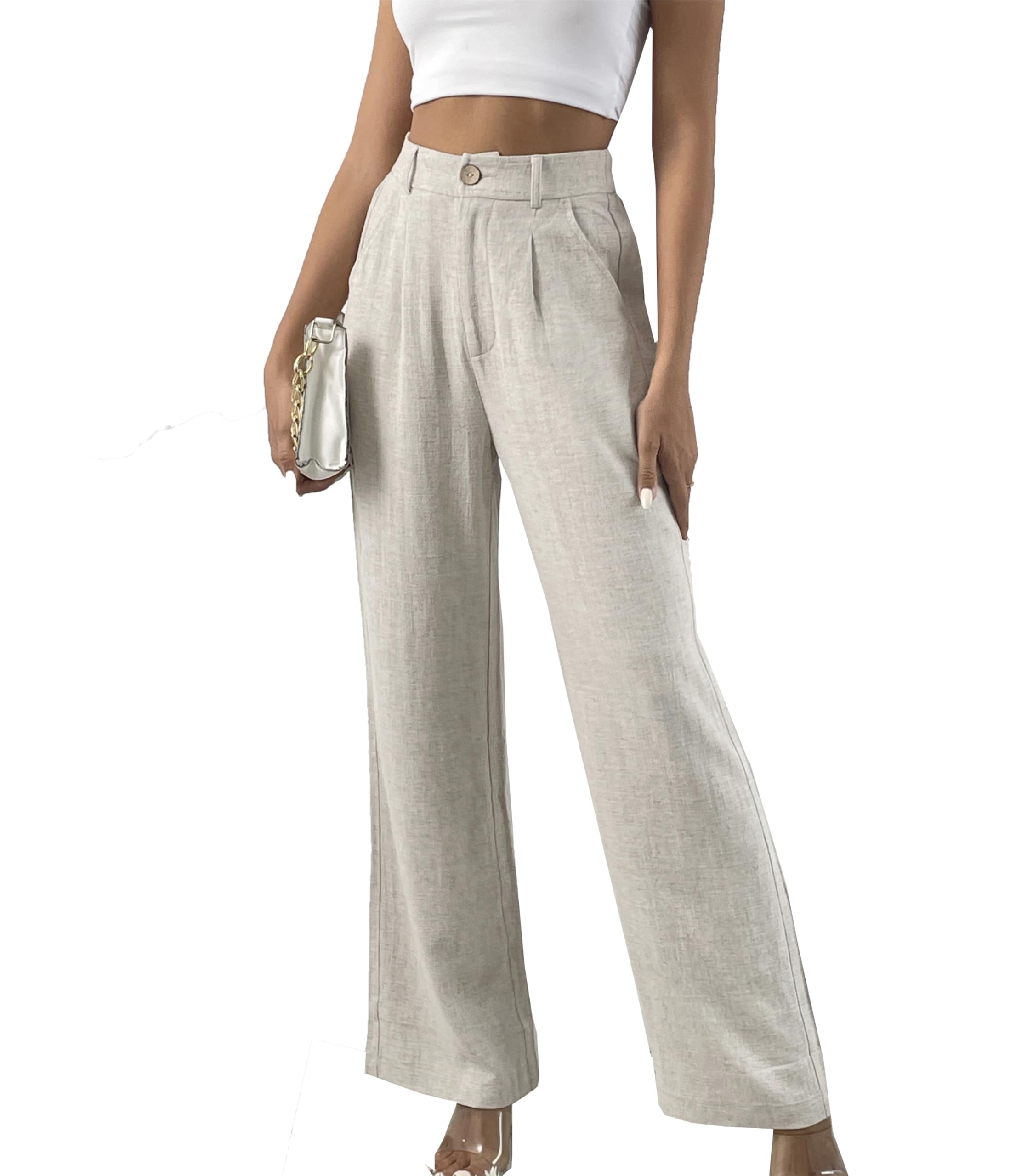 Yehopere Womens Linen Pants Summer Dressy Boho Wide Leg Flowy Straight Leg Trouser Beach Travel Vacation Outfits