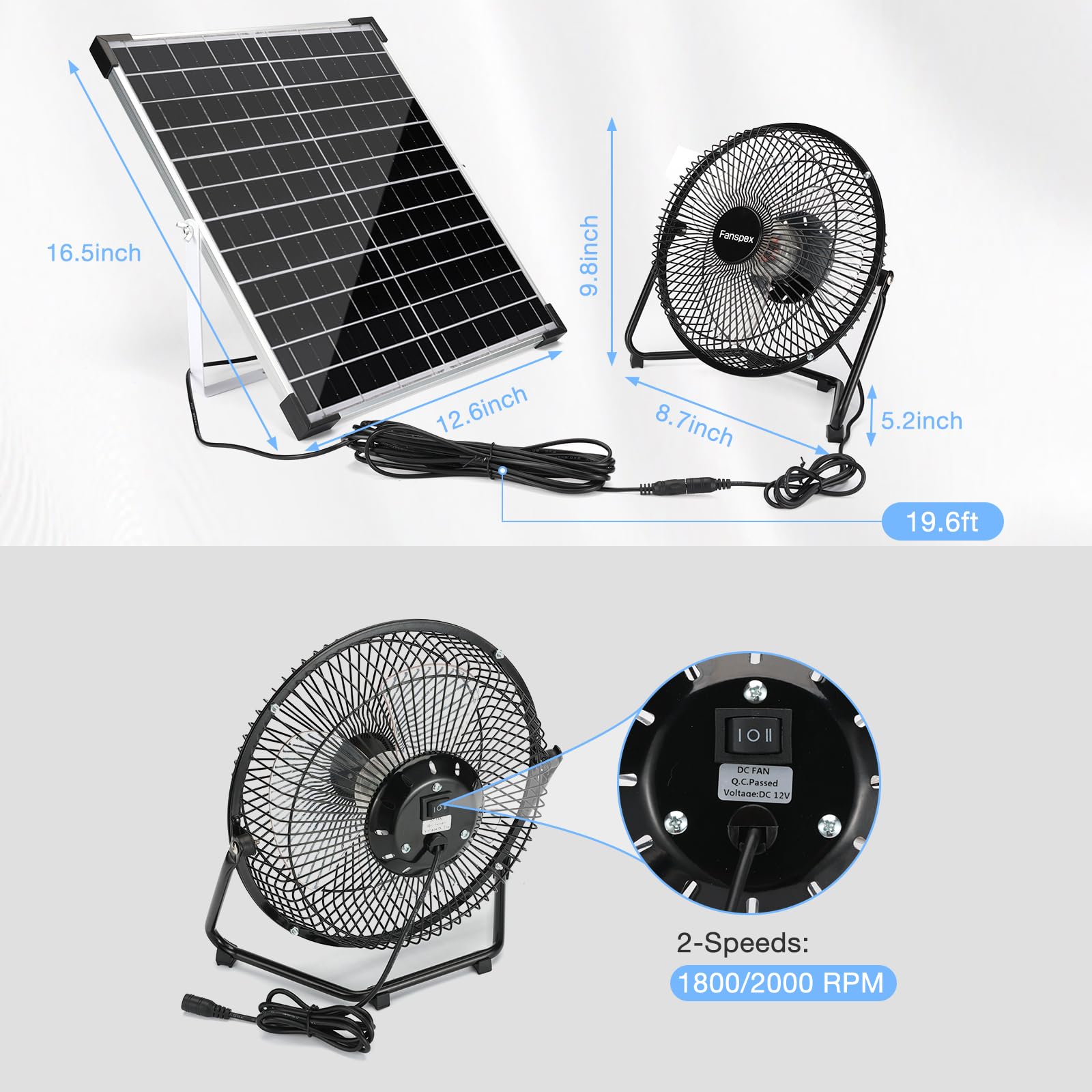 Fanspex 8" Solar Fan, 20W Solar Panel Powered Fan Kit for Outdoor Cooling 7/24 Use, High Velocity Portable Floor Fan for Outside Chicken Coop, Small Greenhouse, Dog House, 2-Speeds, 40dB Low Noise