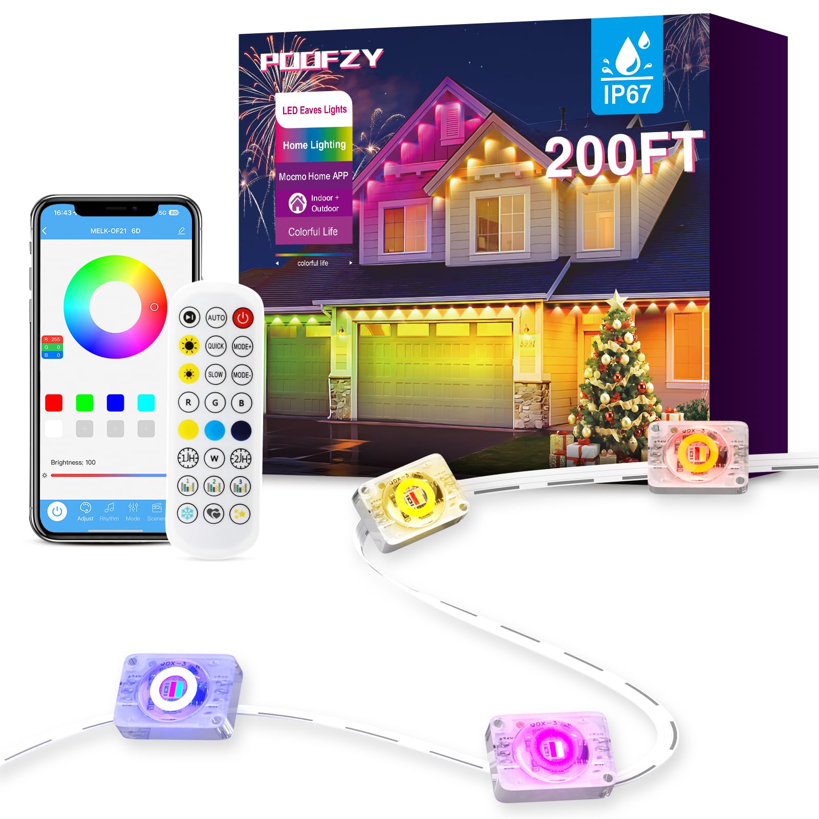 POOFZY Permanent Outdoor Lights for House,200ft RGB+IC Smart Outdoor Decor, 50 Scene Modes,App/Remote Control,for Christmas,Halloween,Daily & Holiday Party Decor,House Roof Lighting