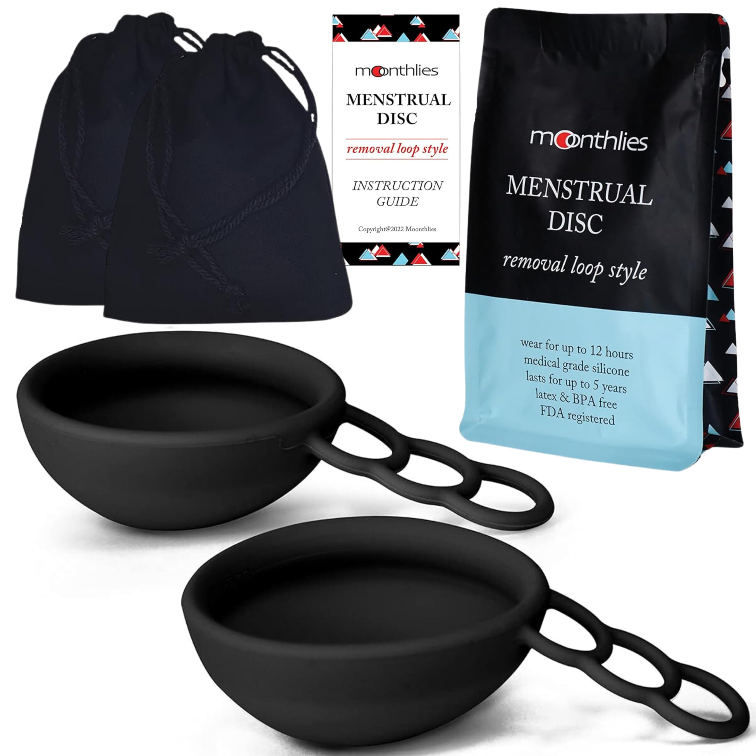 Reusable Menstrual Disc | Period Disc with Removal Loop Stem | Alternative to Menstrual Cups for Light or Heavy Flow | Eco-Friendly Feminine Hygiene (Set of 2 Small Period Discs, Black)