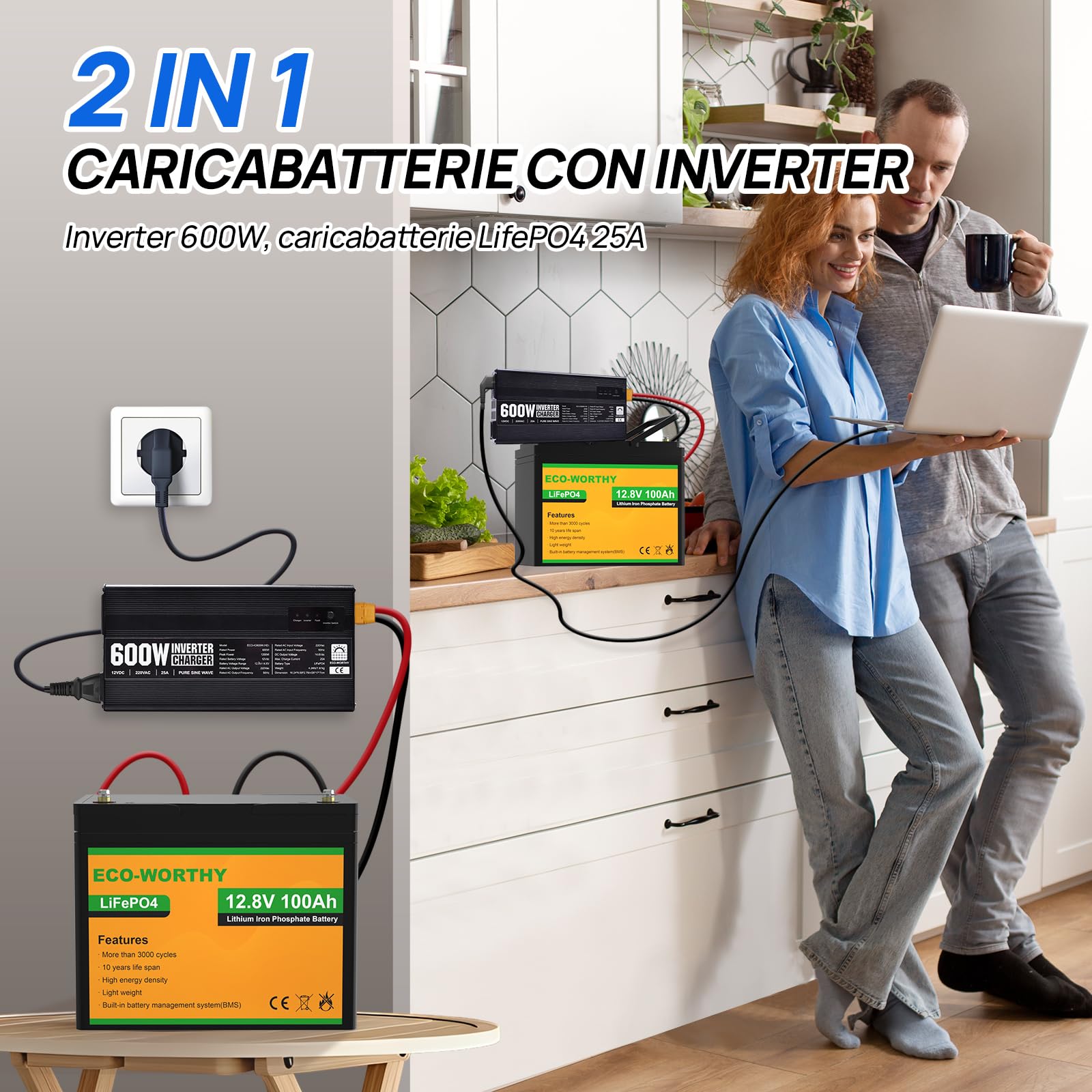 ECO-WORTHY LiFePO4 14,6 V 25 A Caricabatterie con convertitore 600 W da 12 V a 230 V, priorità alla rete e funzione UPS, per batteria LiFePO4 Deep Cycle, auto, camion, veicoli turistici