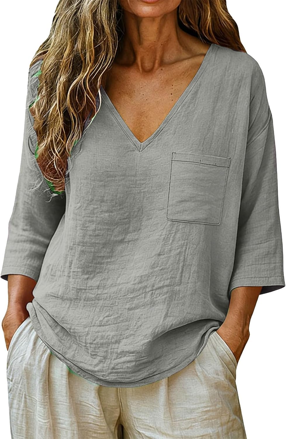 Women's Summer Tops 3/4 Sleeve V Neck Cotton Linen Shirts Dressy Casual Gauze Beach Vacation Clothes
