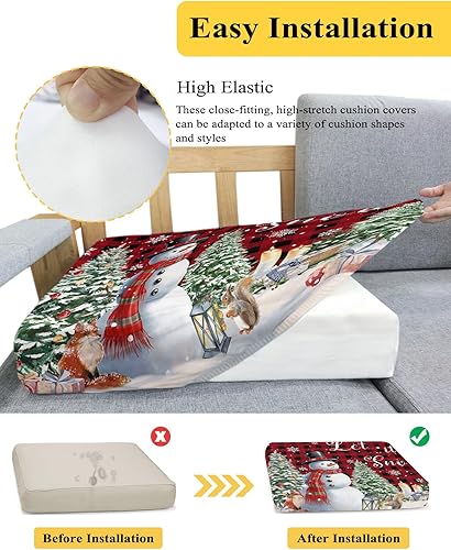 Miniatura 5 de Wowouhiya Red Plaid Christmas Snowman Couch Cushion Covers, Stretch Sofa Cover with Elastic Bottom, Xmas Tree Winter Snowflake Sofa Slipcovers