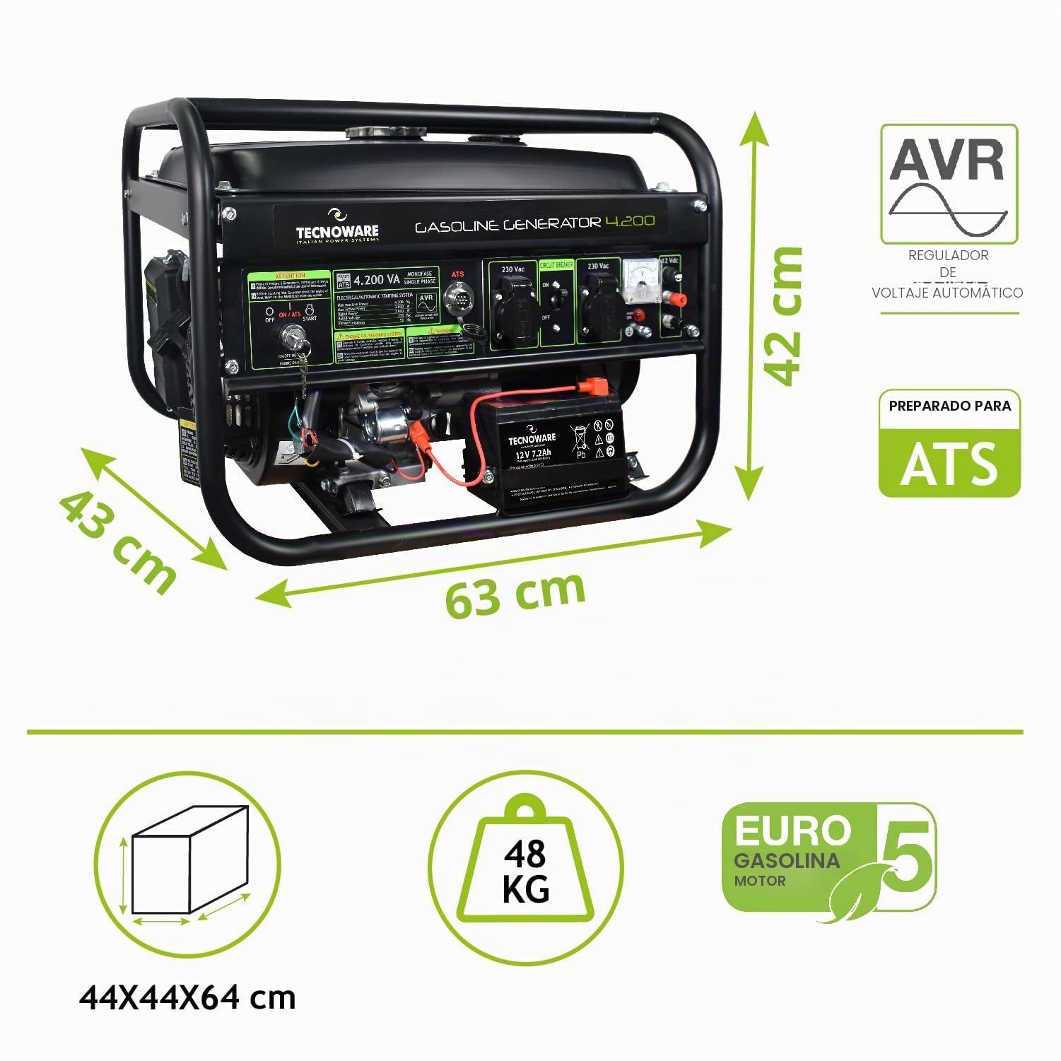 Tecnoware Power Systems - Generador de Corriente 4200 VA, Motor Gasolina 4 Tiempos, Arranque Eléctrico y Manual, Depósito 15L, Compacto y Portátil, Ideal para Camping y Construcción