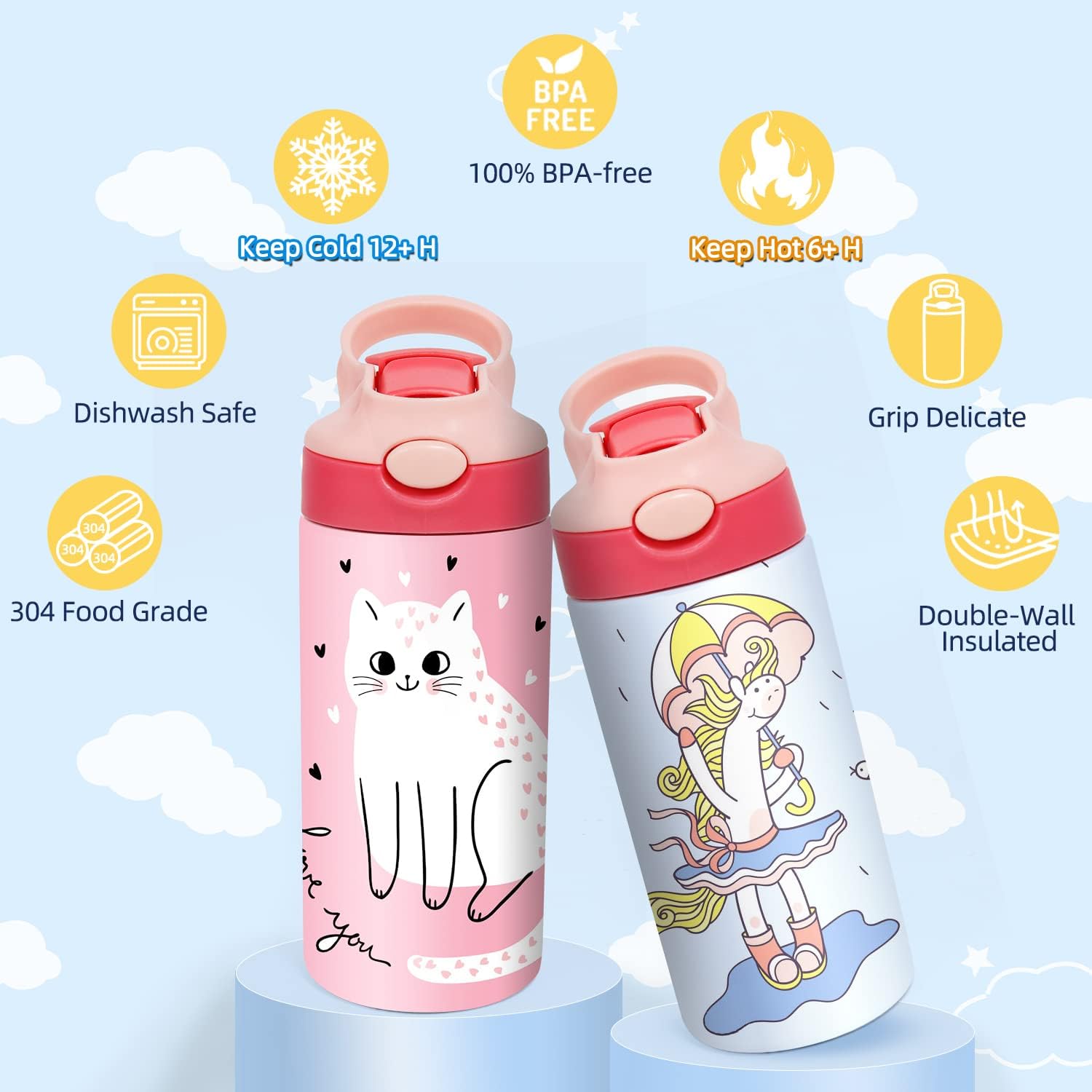 Sublimation Kids Sippy Cup, 12oz Stainless Steel Insulated Toddler Water Bottle with Leak-Proof Straw Lid and Handle, Children Sublimation Blanks Tumbler Cups with Shrink Films(8 Pack)