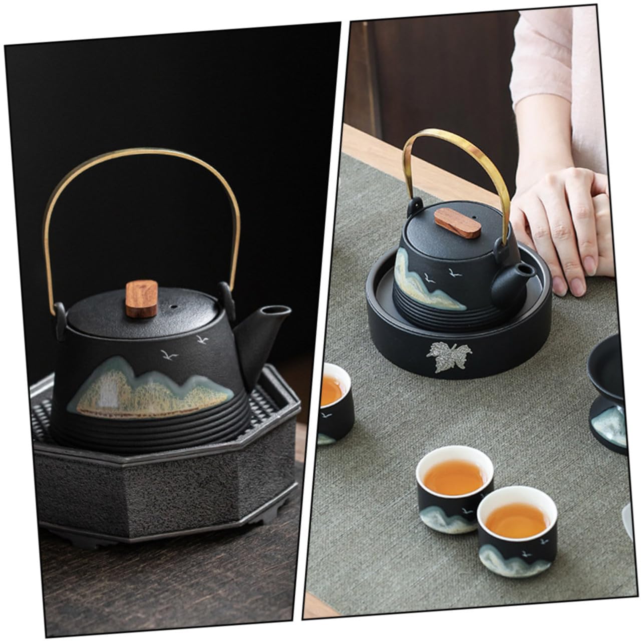 Tetera Diseño Creativo y Elegante Color Negro de Cerámica Pintada a Mano Mango de Tacto Frío para Sala de Té Profesional y Uso Hogar