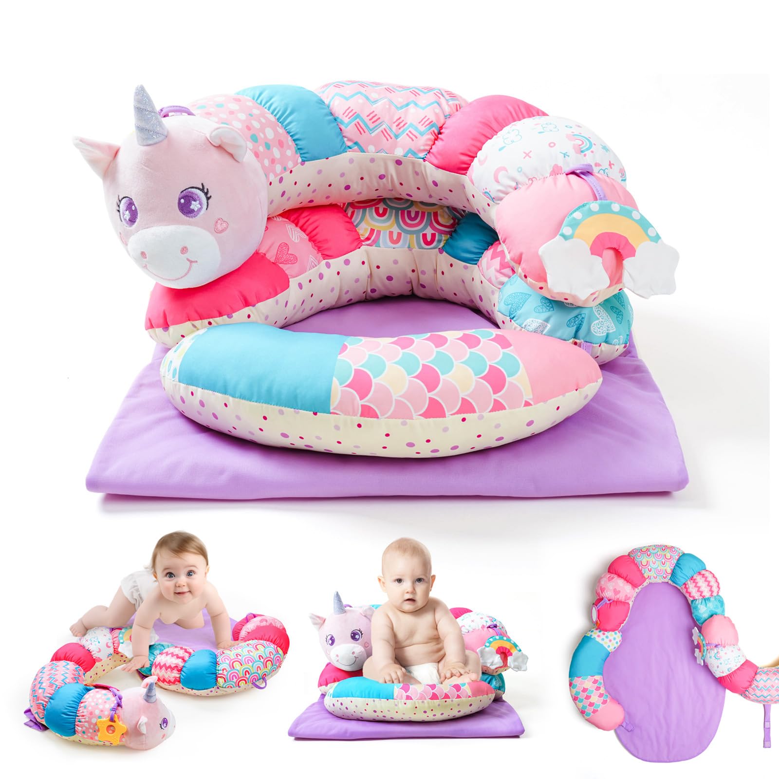 Koty Tummy Time Toys, 2-in-1 Unicorn Tummy Time Mat & Seated Support Pillow, Baby Toys 0-6 Months, Sensory Play Developmental Newborn Baby Shower Birthday Gifts for Boys Girls