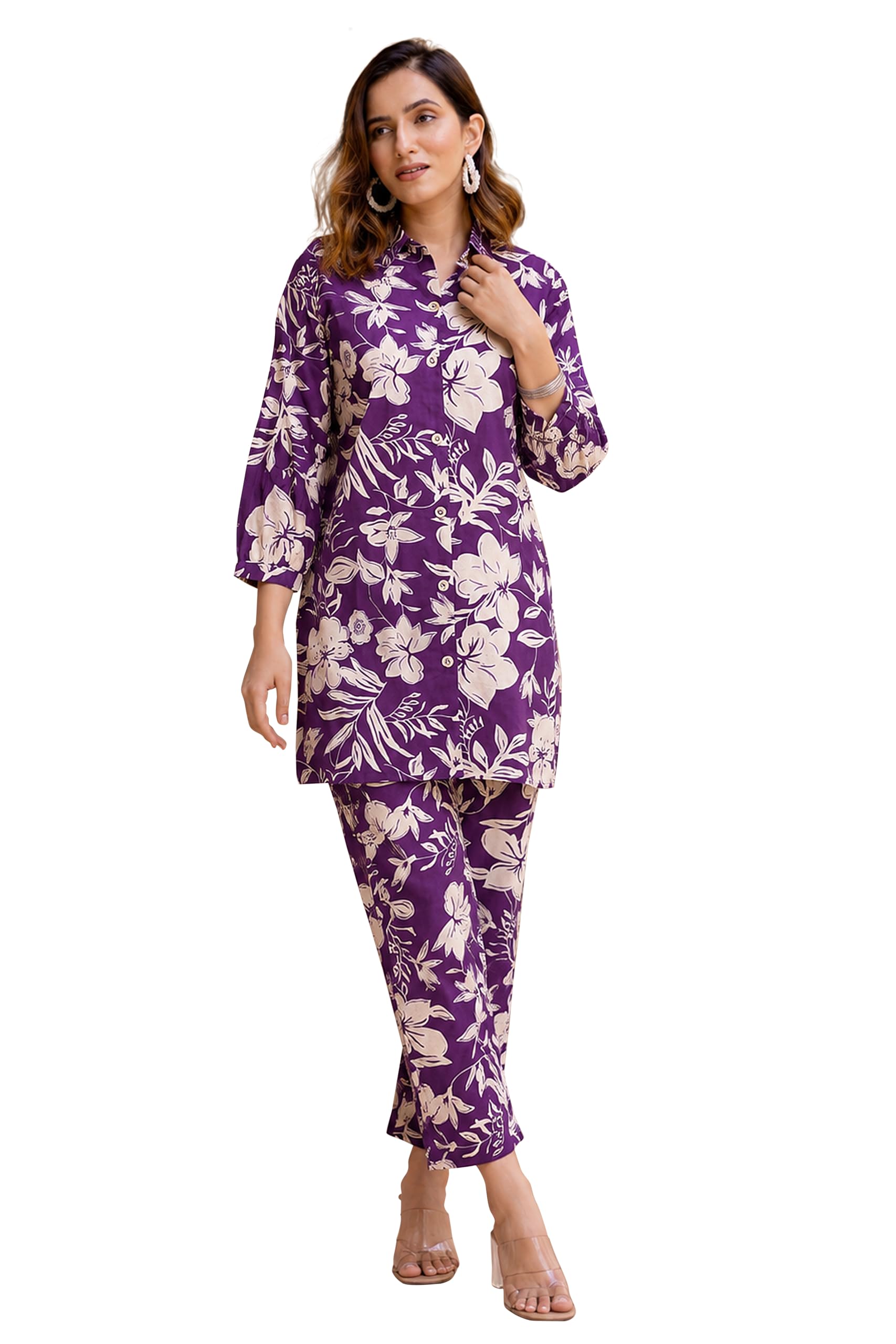 mirchi fashion Women's Straight Fit Pure Cotton Floral Print,Buttons 2 Piece Co-Ord Set with Trouser (K10335 - Purple,Off White - M)-picture-33