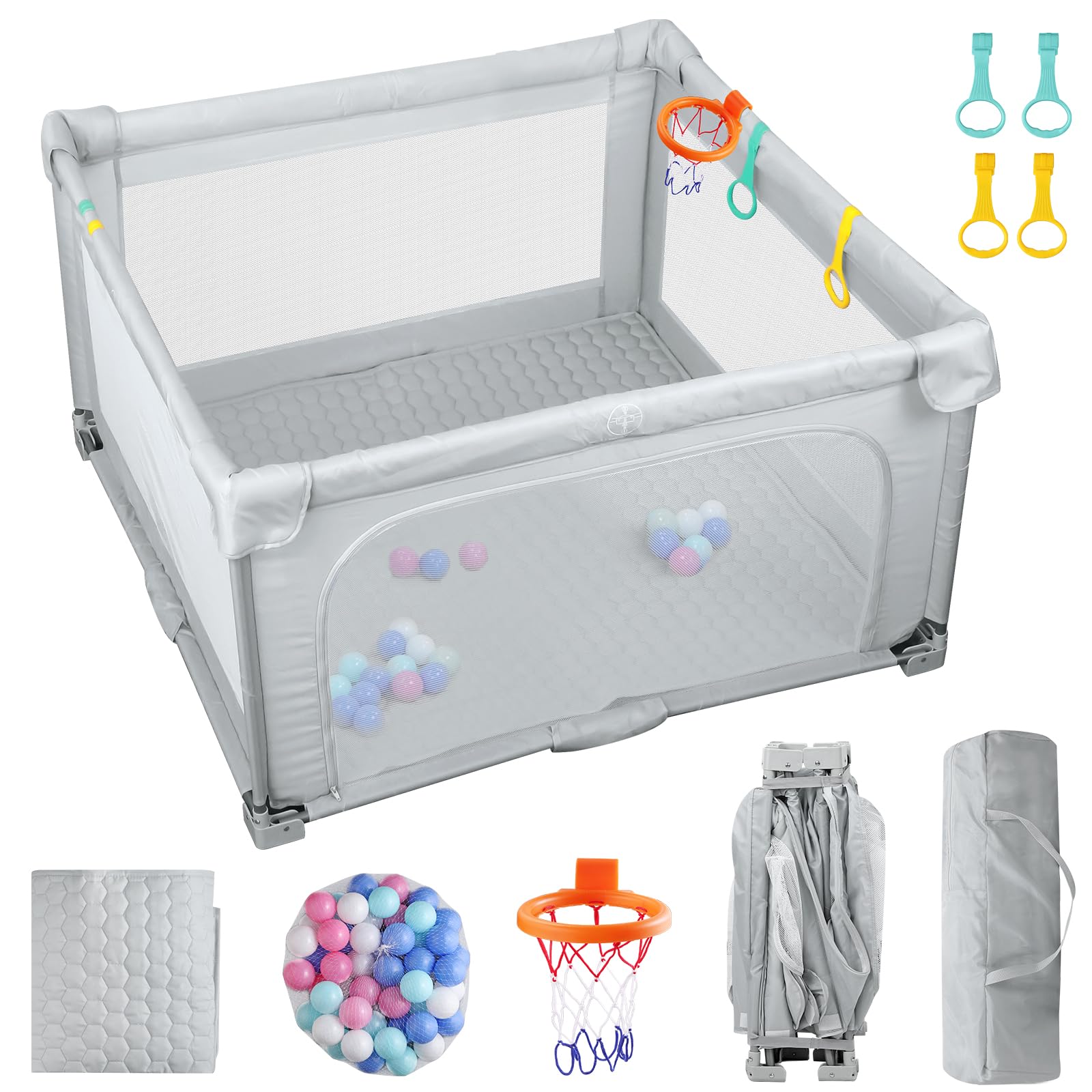 eSynic Parque Infantil Bebé Plegable 150x150 cm Corralito Bebé Grande con Colchoneta Centro de Actividades Playpen con Malla Transpirable Pelotas Canasta Uso Interior Exterior Portátil Gris