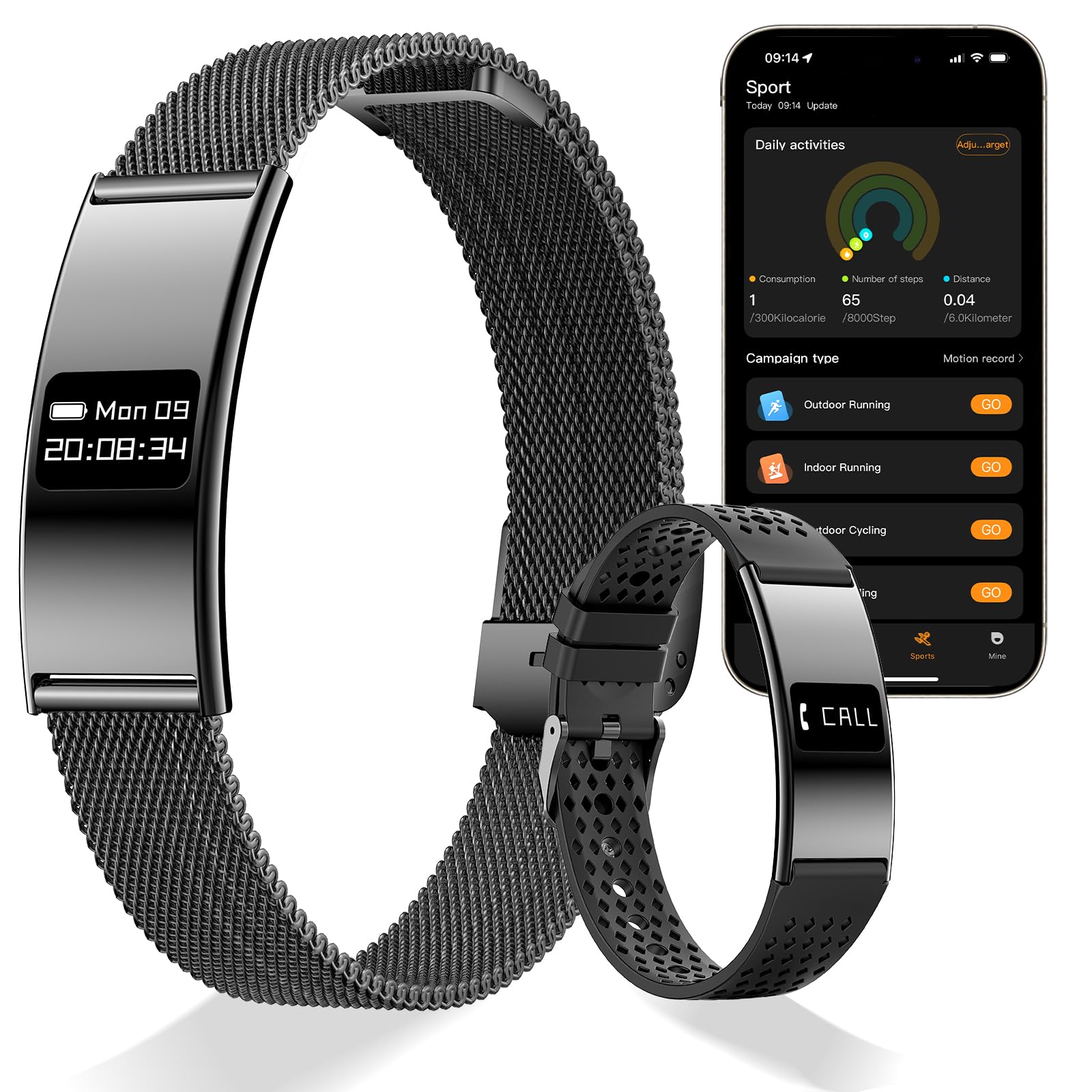 Smart Bracelet, Wearable Activity & Ultra-Thin Fitness Tracker with 100m Waterproof, Heart Rate Sleep Monitor, 30 Days Battery, Smart Watch for Android iOS 2 Bands (Black Mesh Strap)-image-22